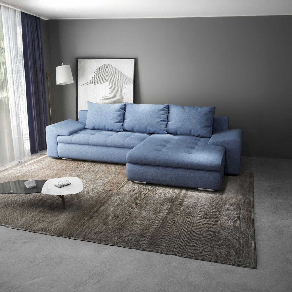 Colțar extensibil dumonde cu ladă de depozitare si sezut confortabil din spuma HR, Leonardo Enjoy Albastru 255x193 cm II