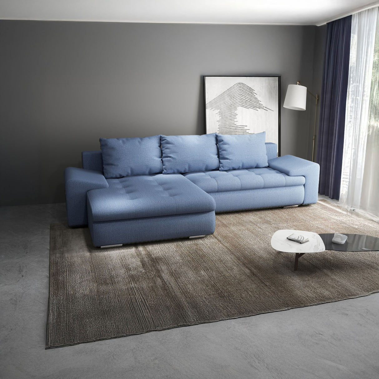 Colțar extensibil dumonde cu ladă de depozitare si sezut confortabil din spuma HR, Leonardo Enjoy Albastru 255x193 cm