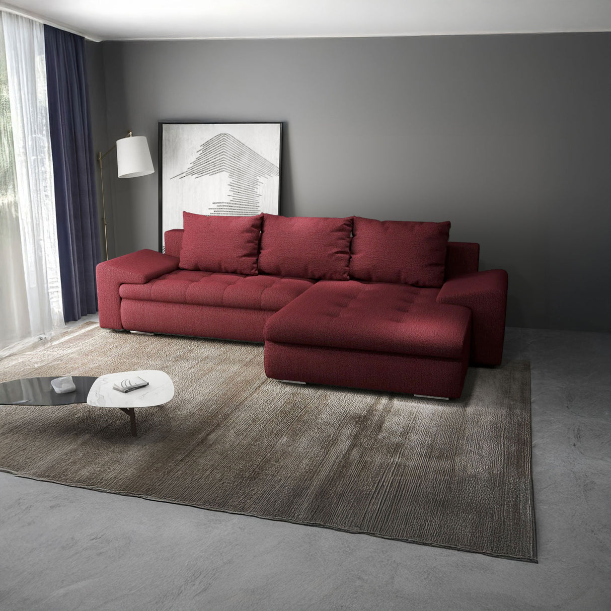 Colțar extensibil dumonde cu ladă de depozitare si sezut confortabil din spuma HR, Leonardo Enjoy Rosu 255x193 cm II