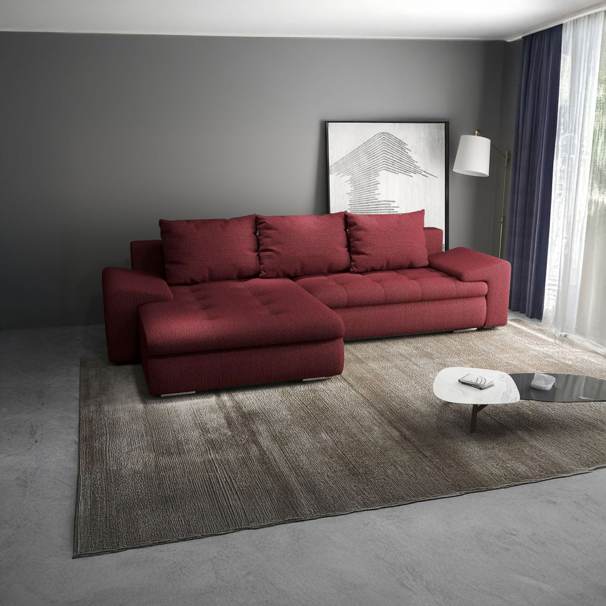 Colțar extensibil dumonde cu ladă de depozitare si sezut confortabil din spuma HR, Leonardo Enjoy Rosu 255x193 cm