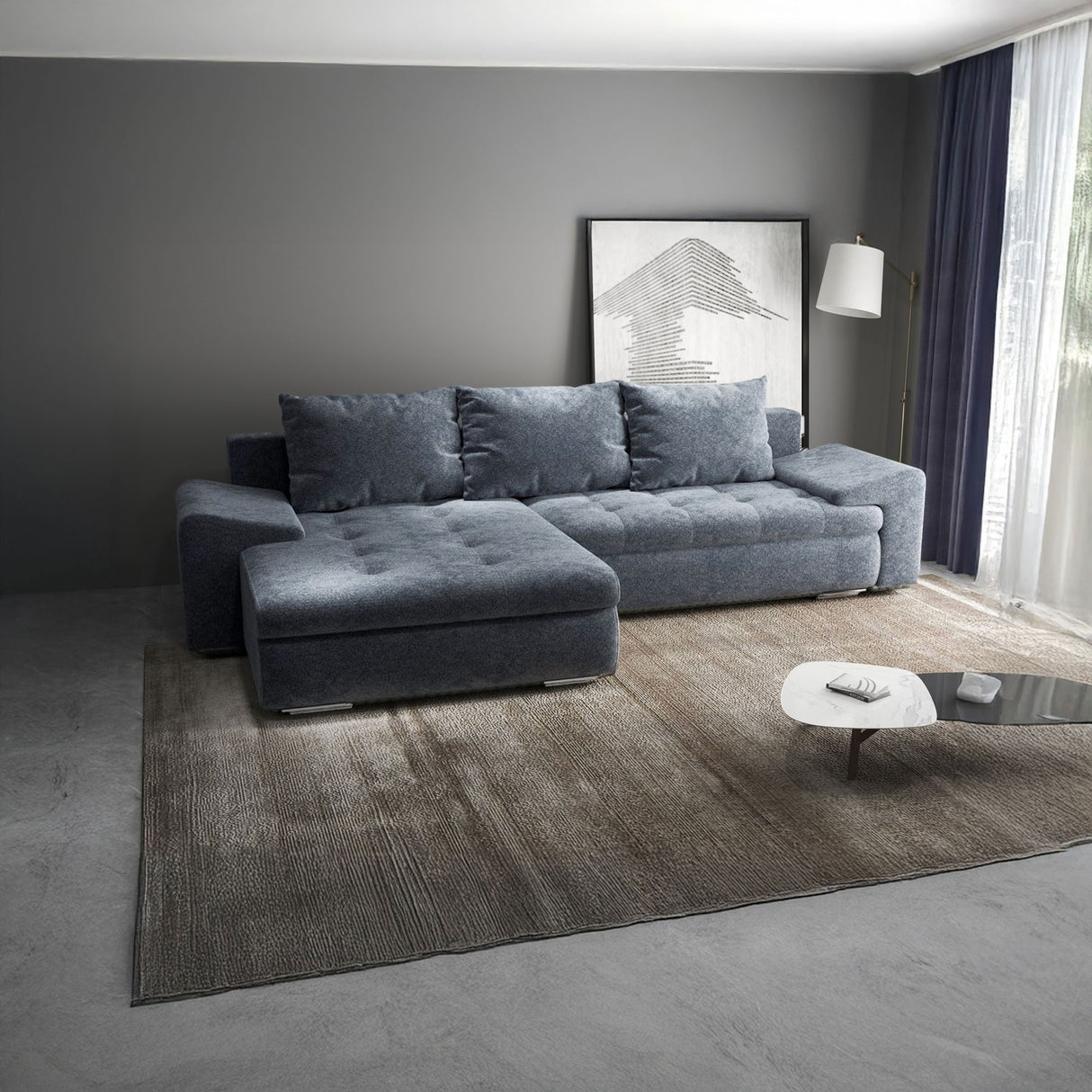 Colțar extensibil dumonde cu ladă de depozitare si sezut confortabil din spuma HR, Leonardo Euphoria Gri Grafit 255x193 cm