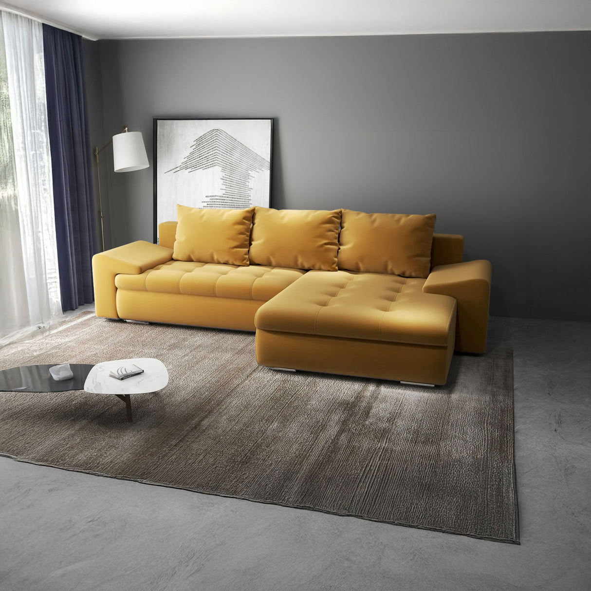 Colțar extensibil dumonde cu ladă de depozitare si sezut confortabil din spuma HR, Leonardo Royal Mustar 255x193 cm II