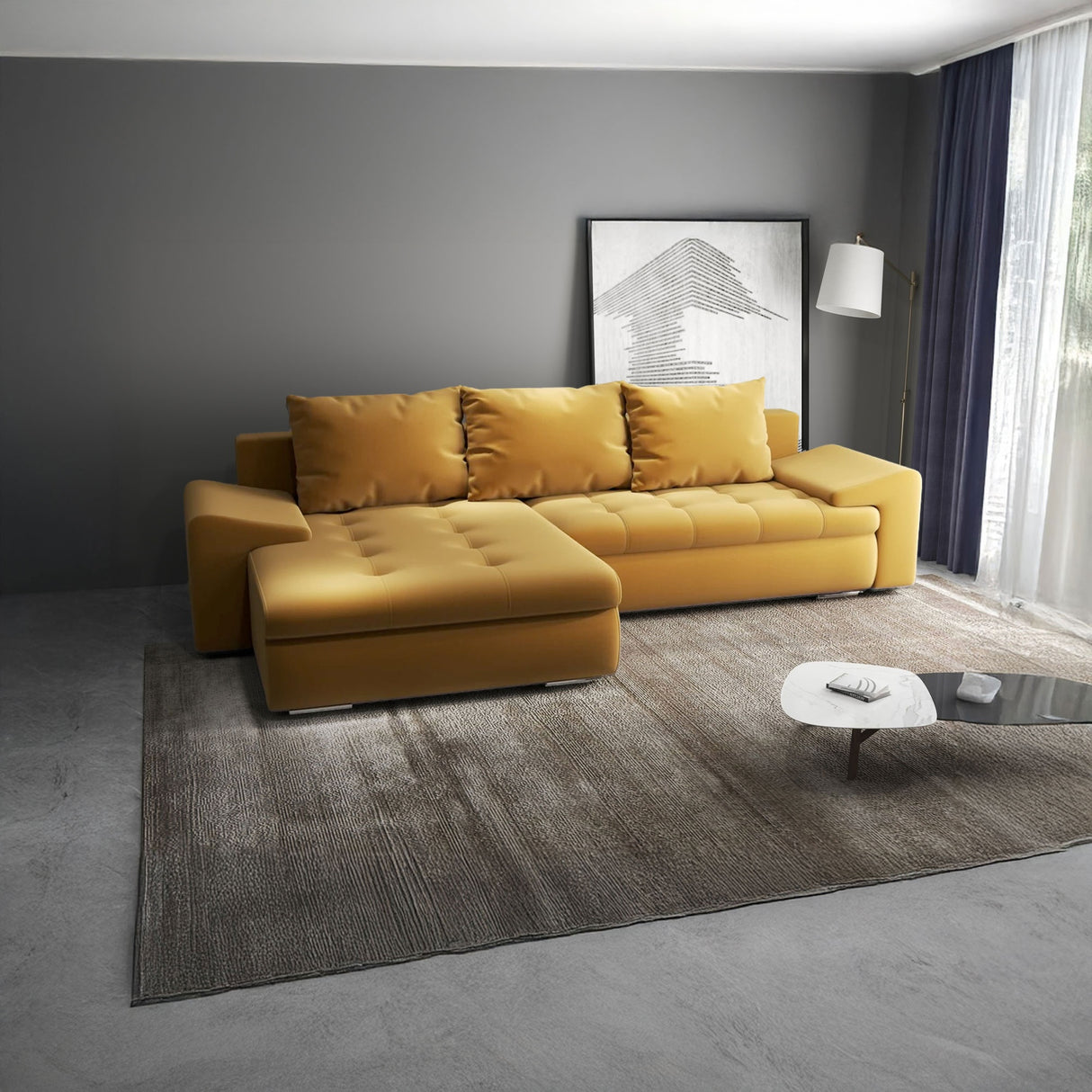 Colțar extensibil dumonde cu ladă de depozitare si sezut confortabil din spuma HR, Leonardo Royal Mustar 255x193 cm