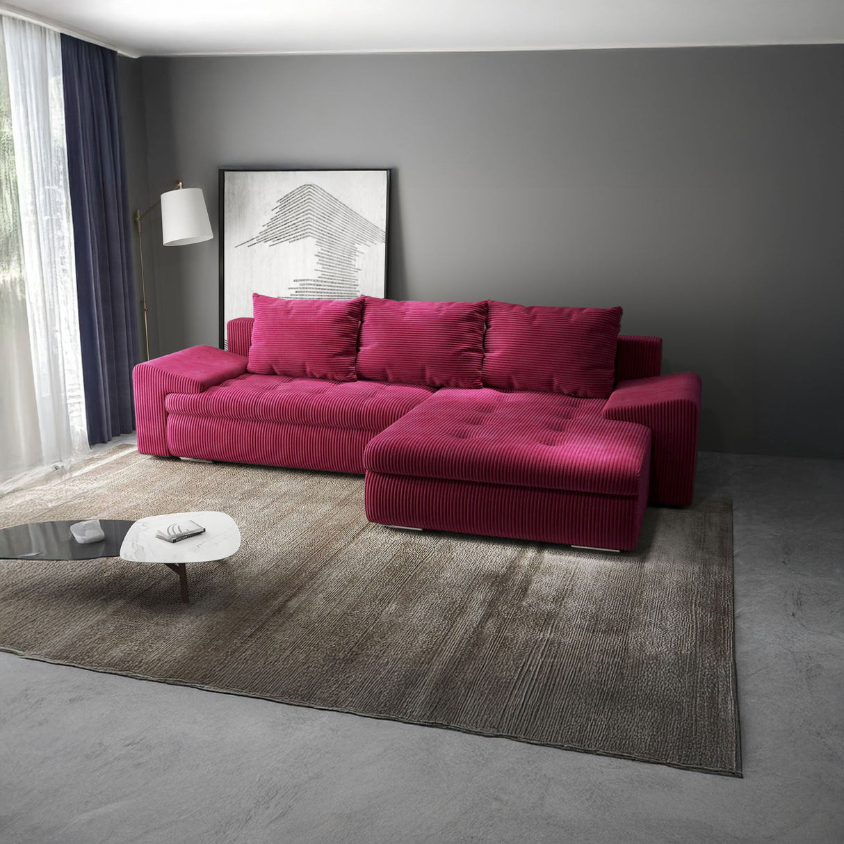 Colțar extensibil dumonde cu ladă de depozitare si sezut confortabil din spuma HR, Leonardo Zoom Rosu 255x193 cm II