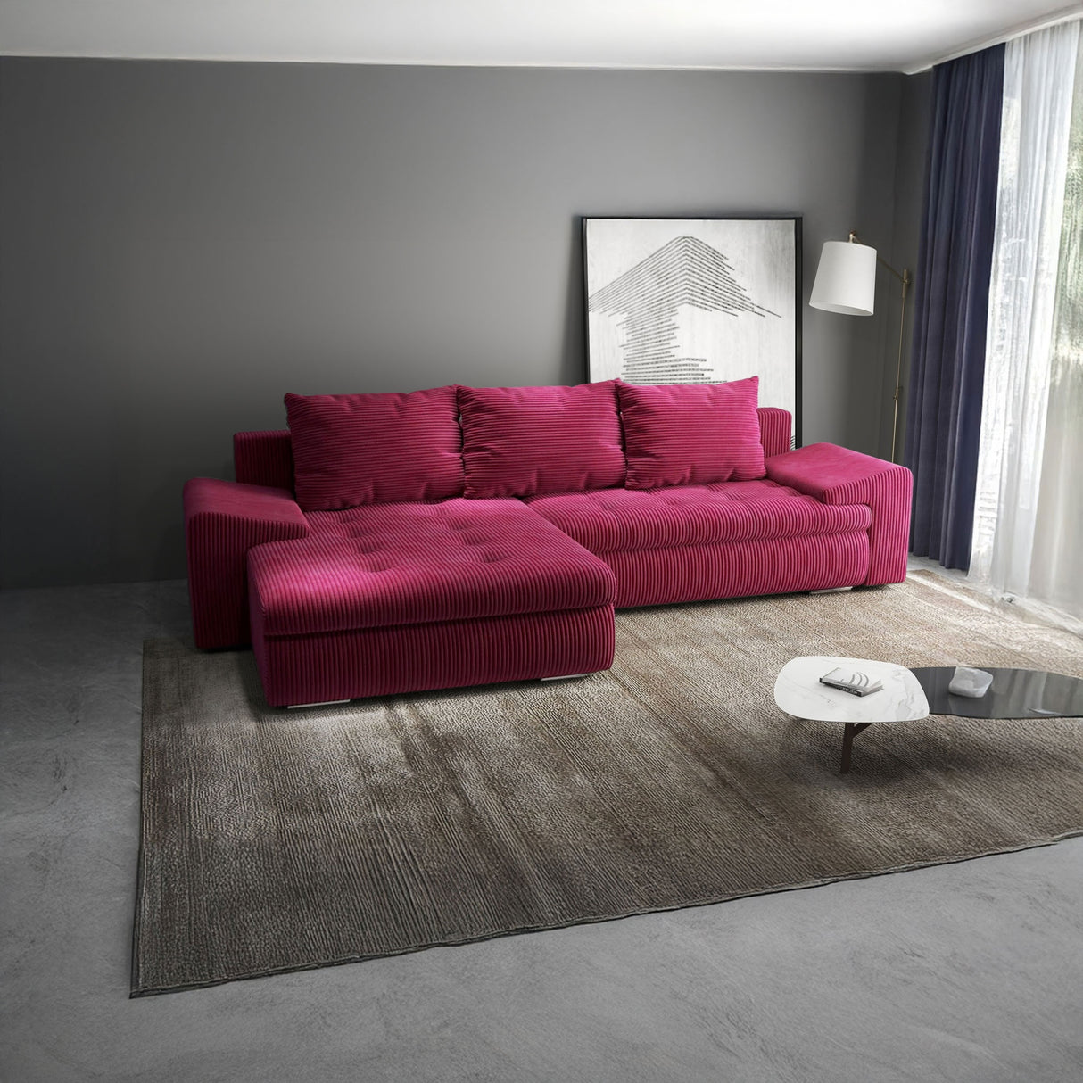 Colțar extensibil dumonde cu ladă de depozitare si sezut confortabil din spuma HR, Leonardo Zoom Rosu 255x193 cm