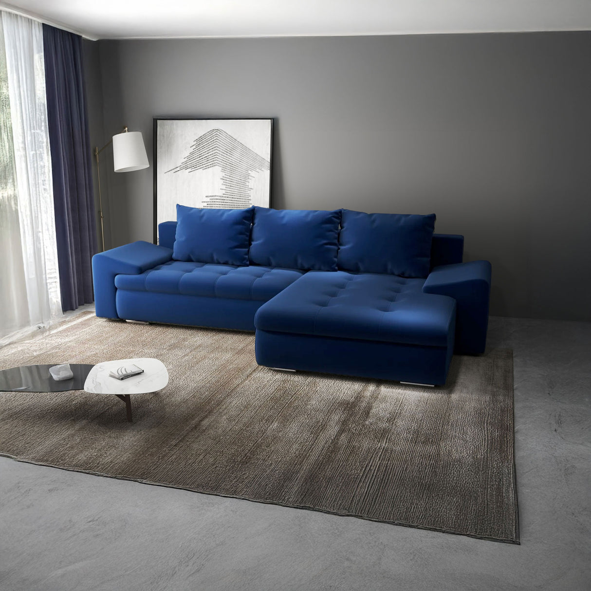 Colțar extensibil dumonde cu ladă de depozitare si sezut confortabil din spuma HR, Leonardo Royal Albastru 255x193 cm II