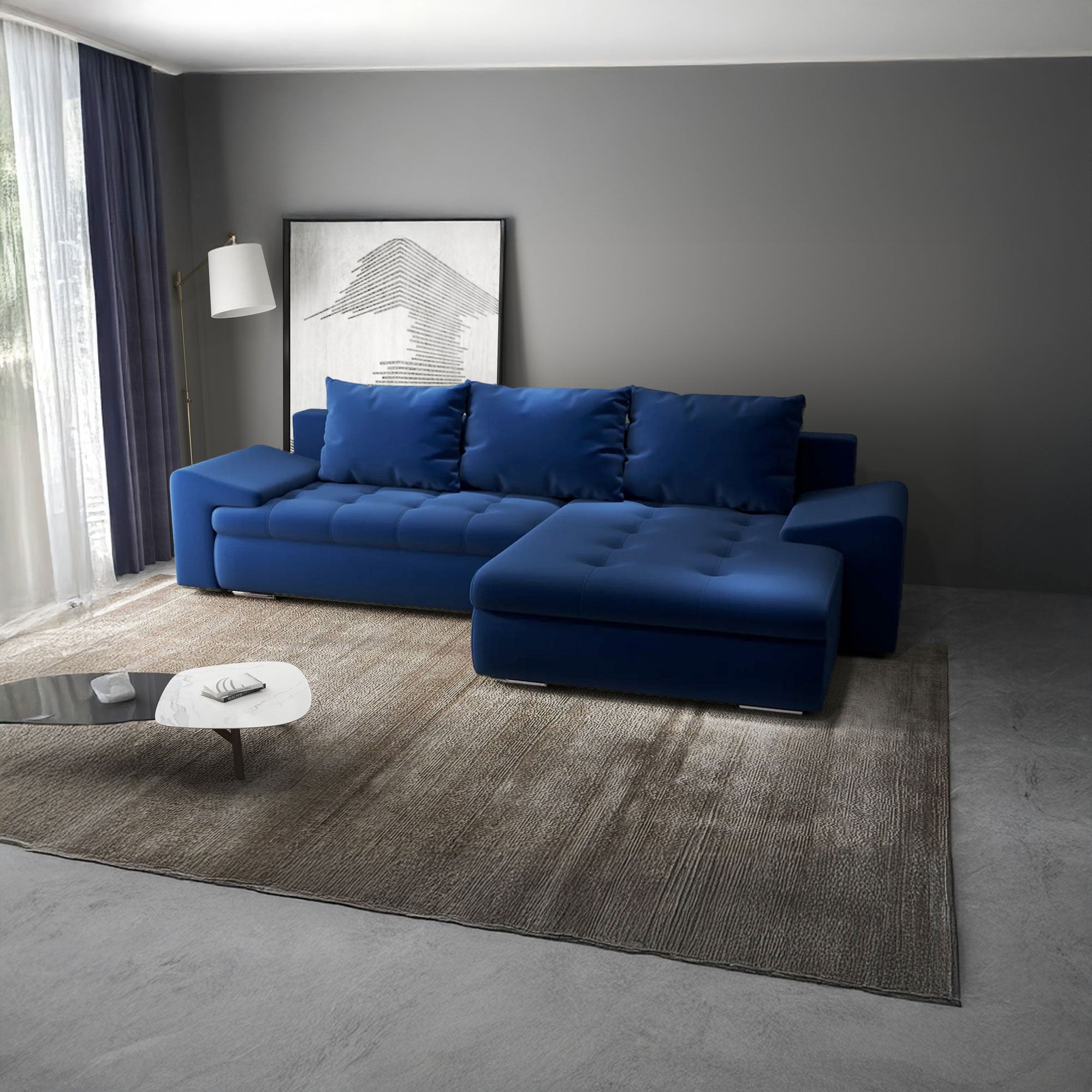 Colțar extensibil dumonde cu ladă de depozitare si sezut confortabil din spuma HR, Leonardo Royal Albastru 255x193 cm II Fabrica