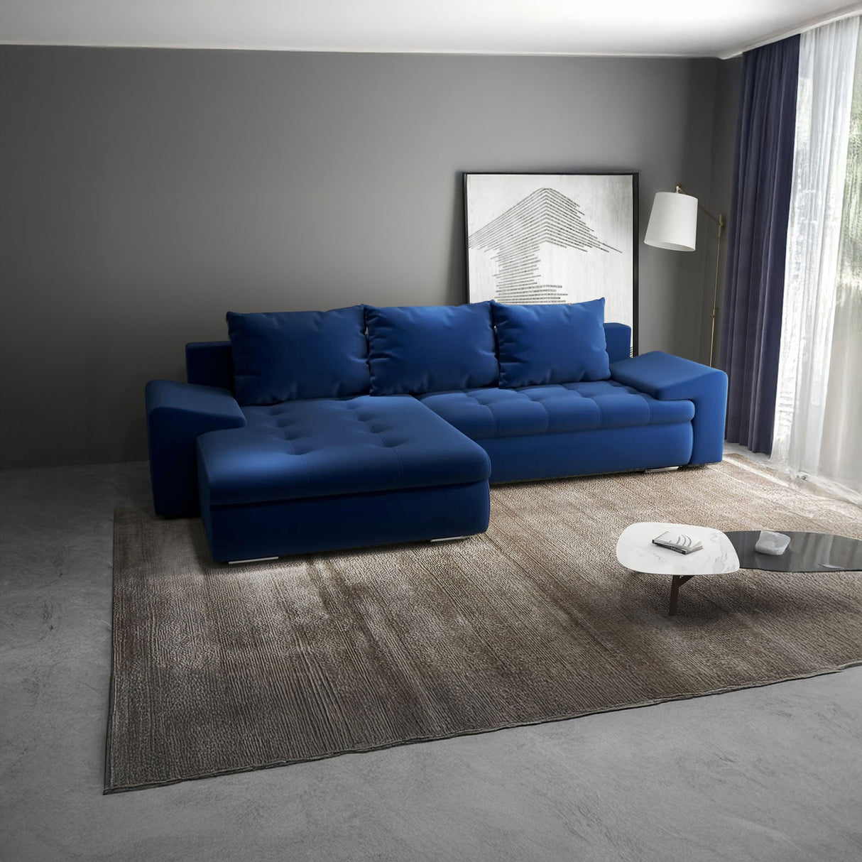 Colțar extensibil dumonde cu ladă de depozitare si sezut confortabil din spuma HR, Leonardo Royal Albastru 255x193 cm