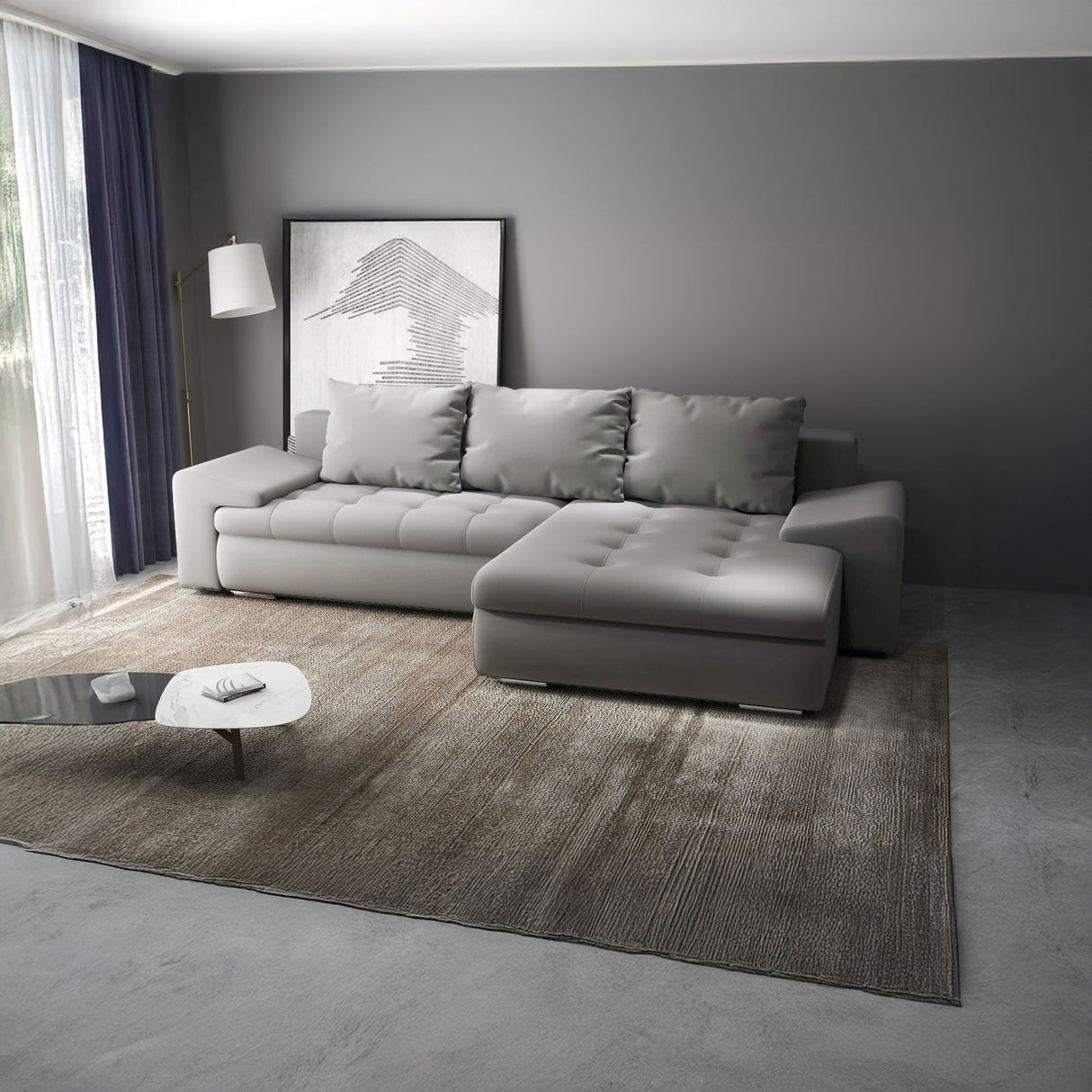 Colțar extensibil dumonde cu ladă de depozitare si sezut confortabil din spuma HR, Leonardo Royal Gri 255x193 cm II