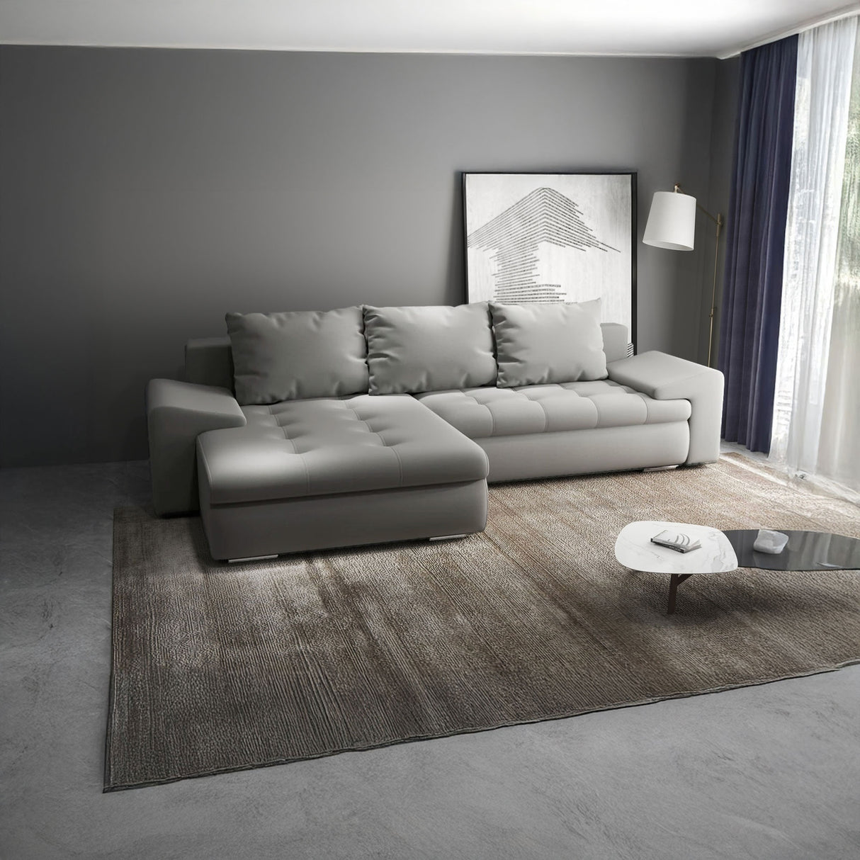Colțar extensibil dumonde cu ladă de depozitare si sezut confortabil din spuma HR, Leonardo Royal Gri 255x193 cm