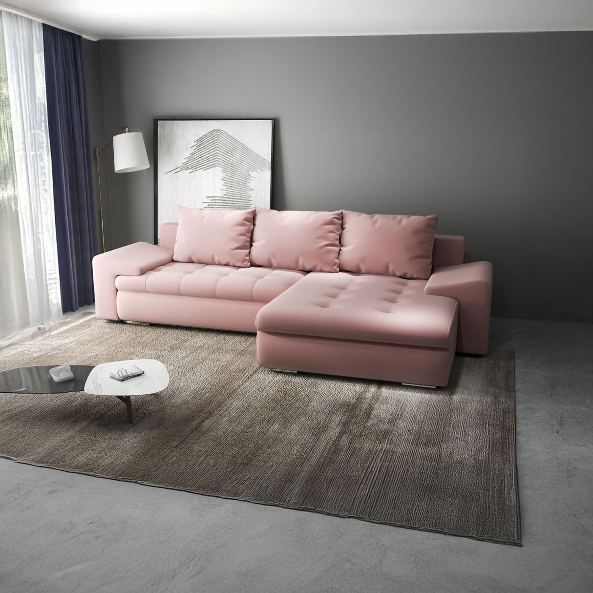 Colțar extensibil dumonde cu ladă de depozitare si sezut confortabil din spuma HR, Leonardo Royal Roz 255x193 cm II