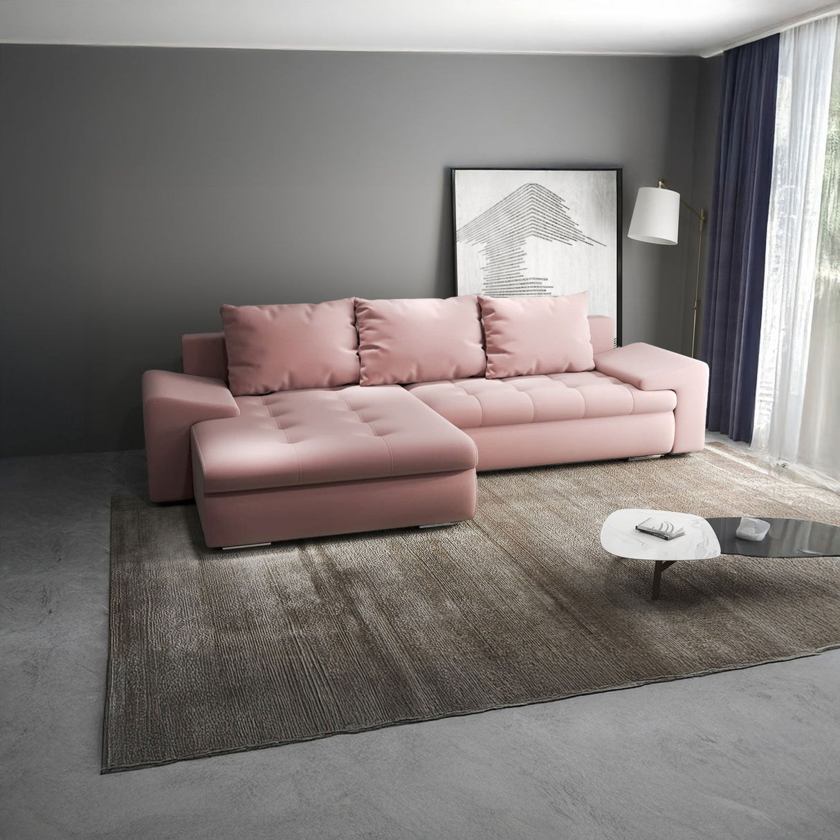 Colțar extensibil dumonde cu ladă de depozitare si sezut confortabil din spuma HR, Leonardo Royal Roz 255x193 cm