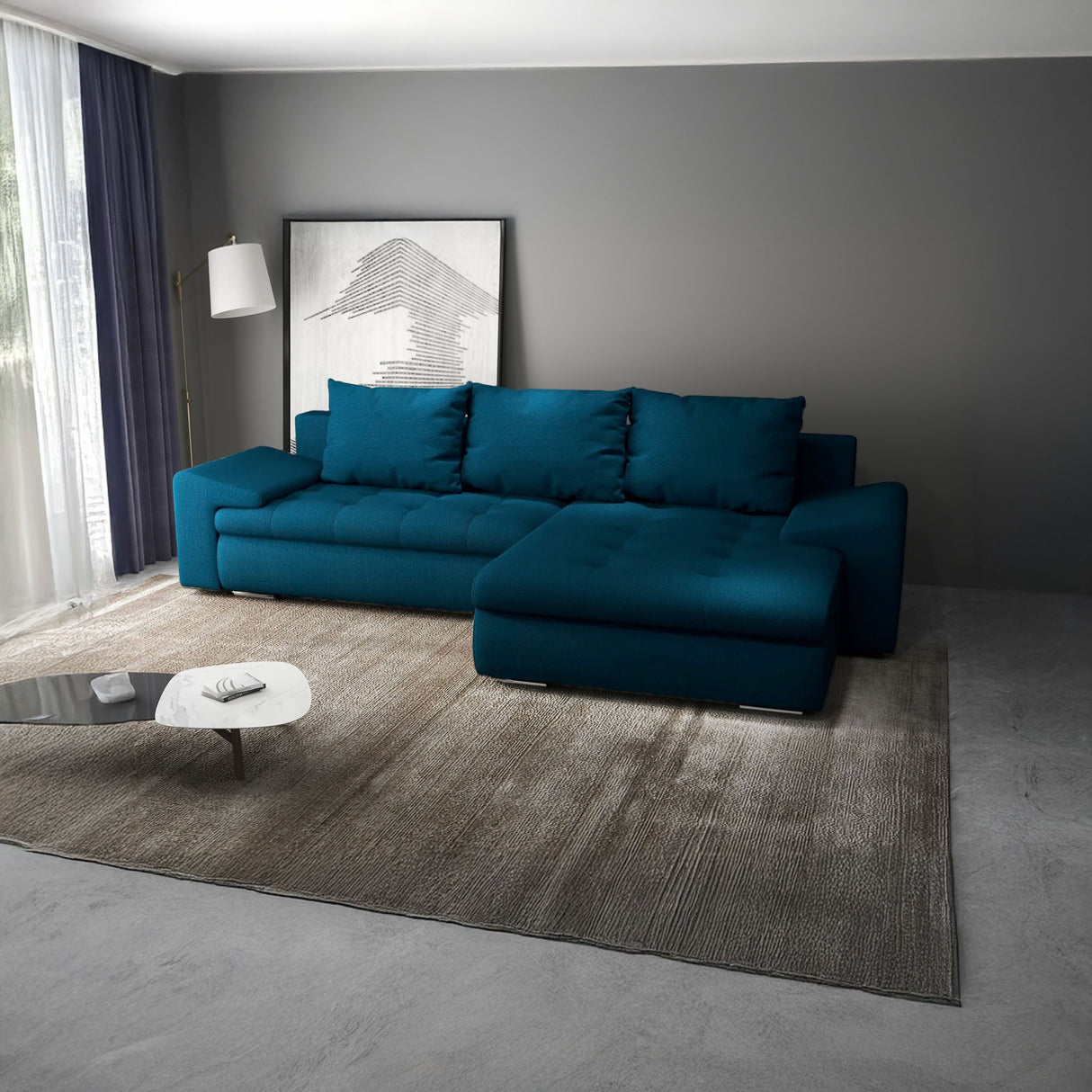 Colțar extensibil dumonde cu ladă de depozitare si sezut confortabil din spuma HR, Leonardo Enjoy Verde Petrol 255x193 cm II