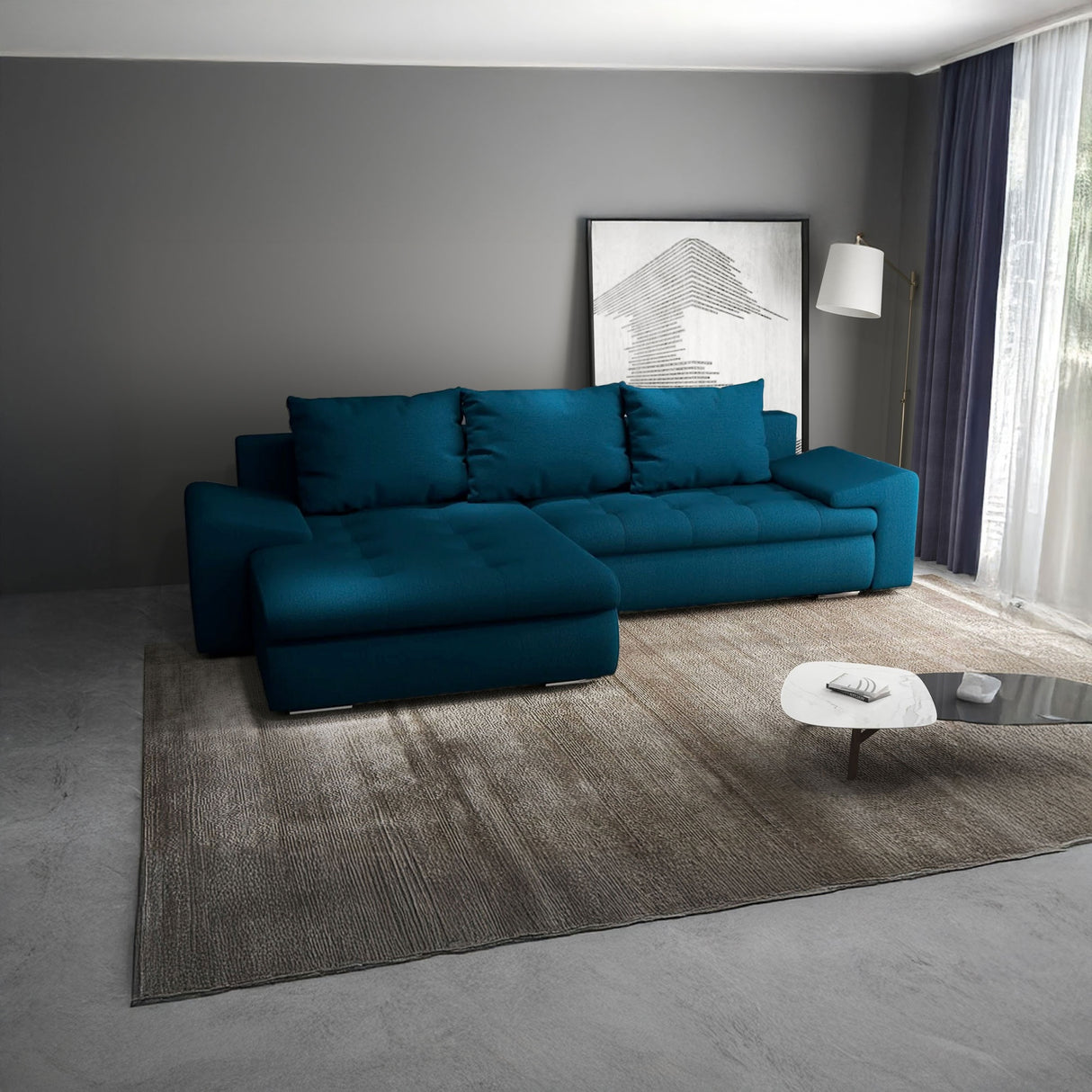 Colțar extensibil dumonde cu ladă de depozitare si sezut confortabil din spuma HR, Leonardo Enjoy Verde Petrol 255x193 cm