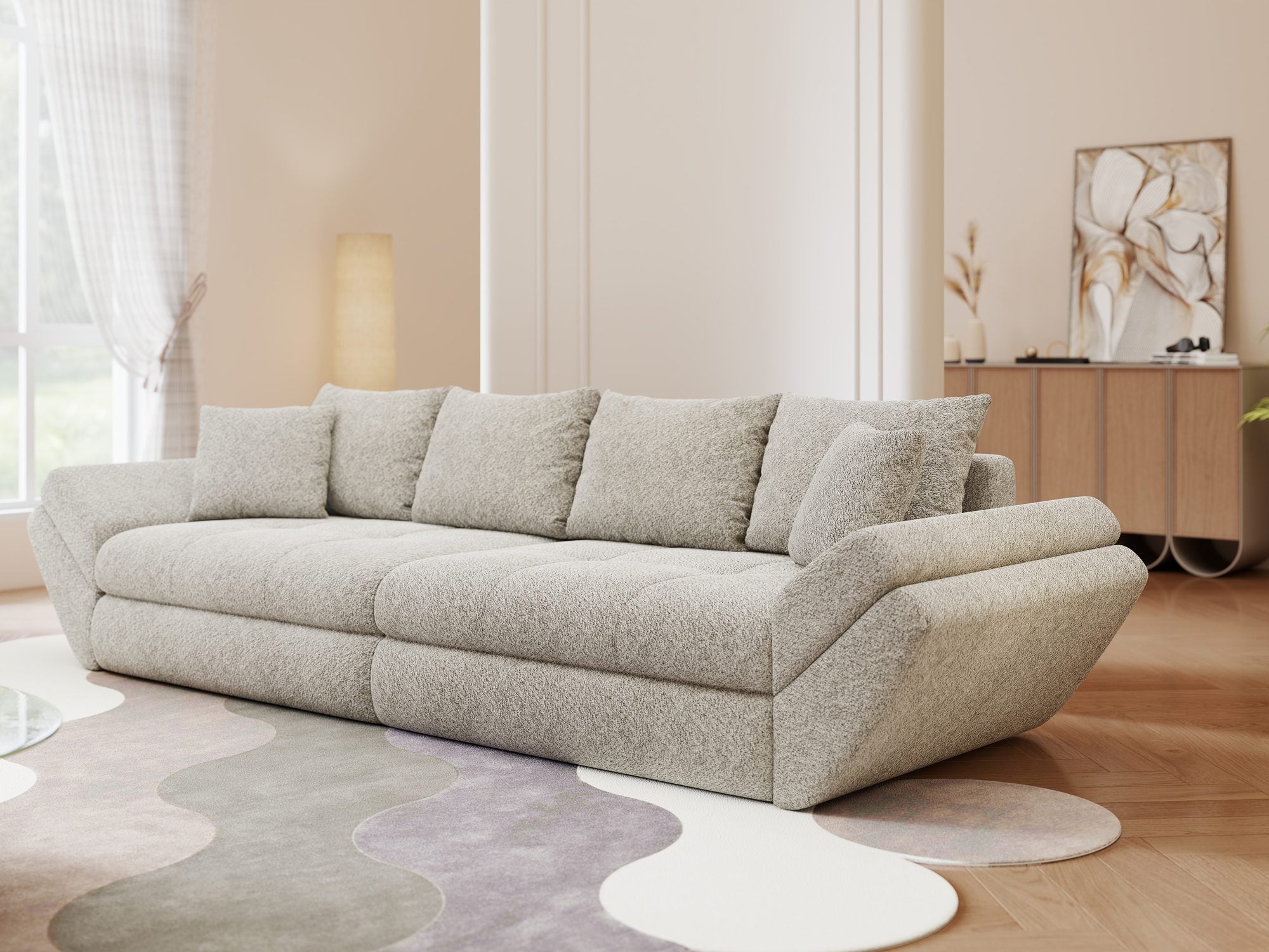 Canapea extensibilă dumonde cu ladă de depozitare si sezut confortabil din spuma high-density, Loana Arena Bej 300x100 cm