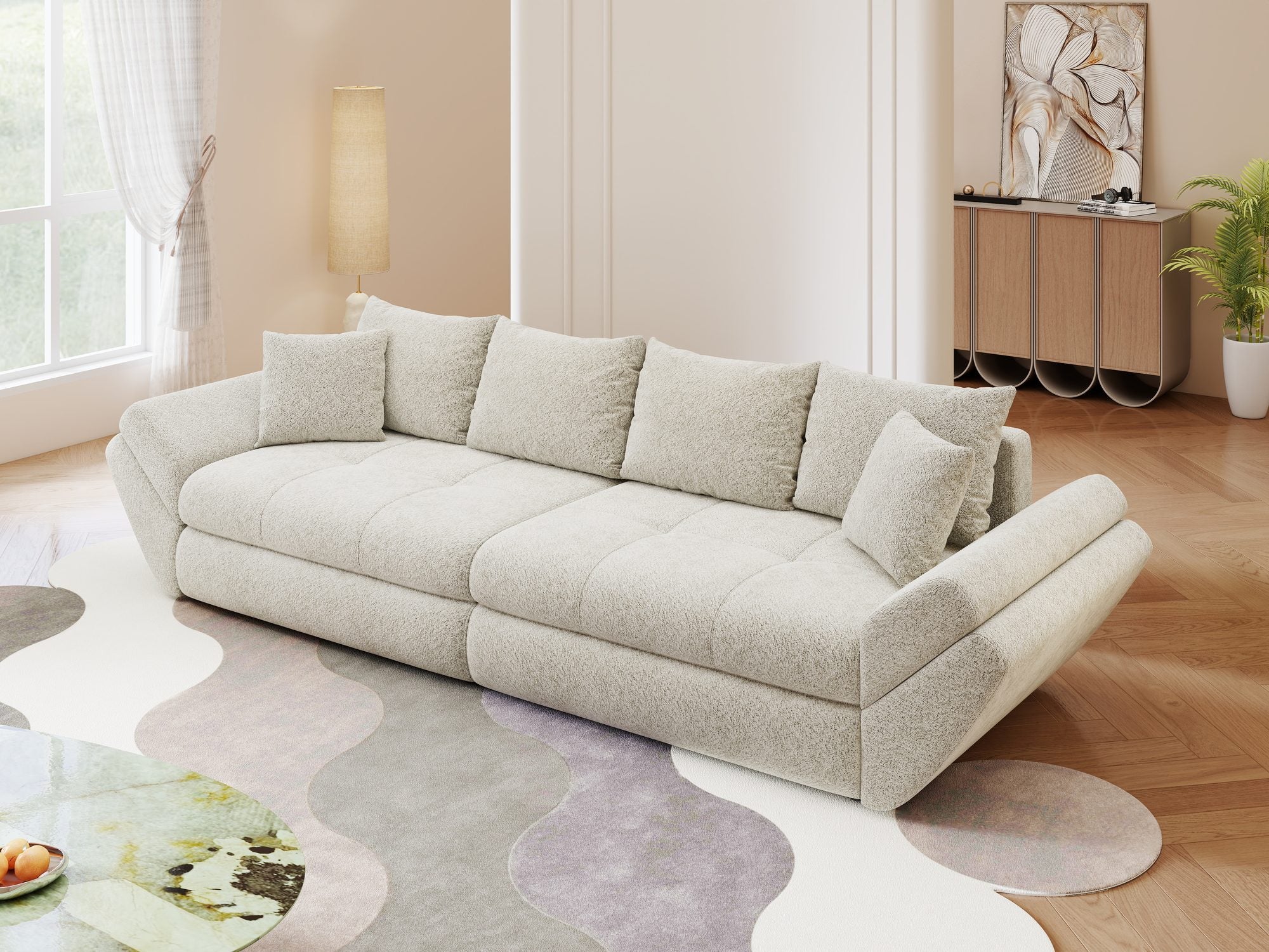 Canapea extensibilă dumonde cu ladă de depozitare si sezut confortabil din spuma high-density, Loana Arena Bej 300x100 cm
