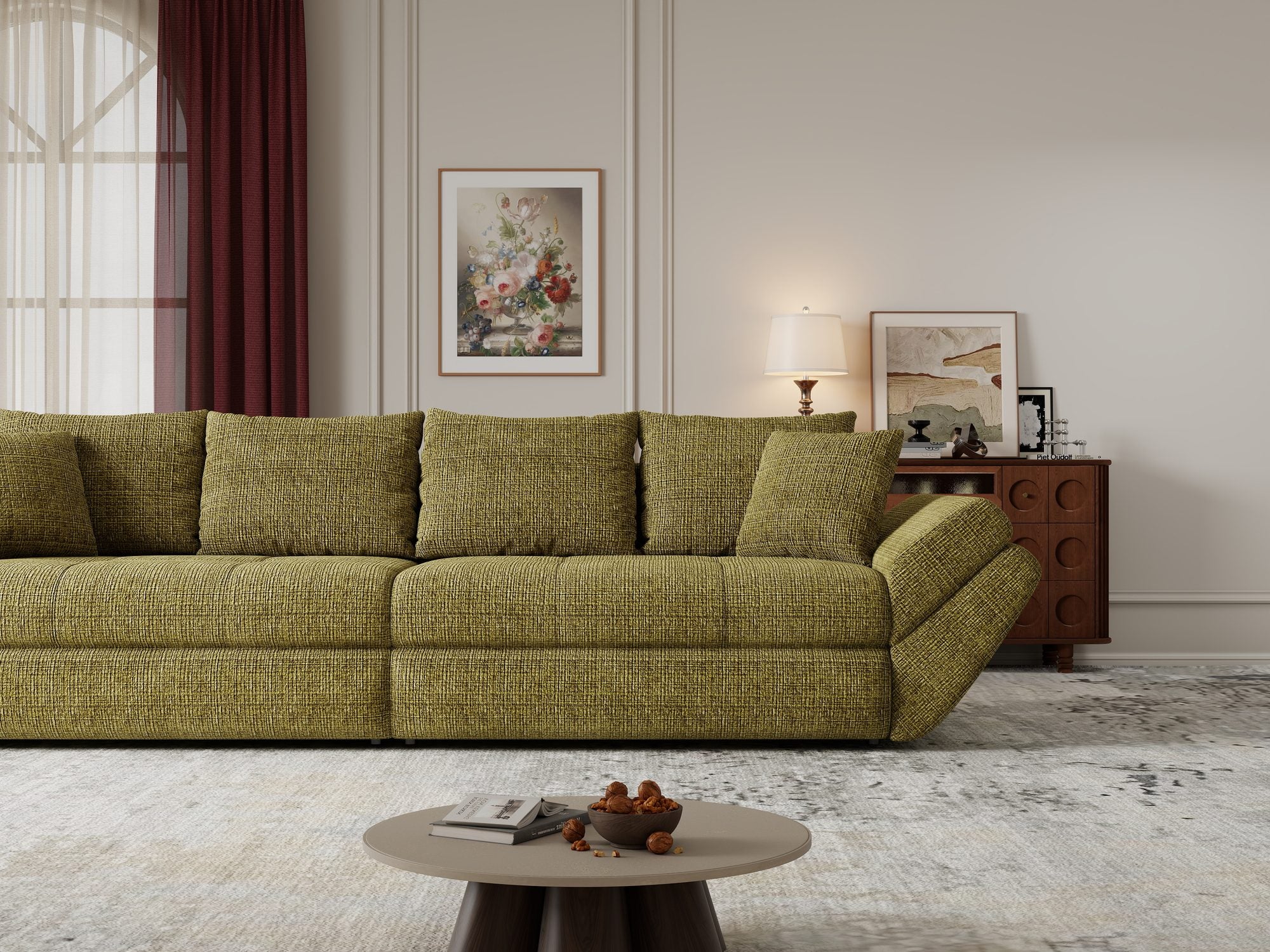 Canapea extensibilă dumonde cu ladă de depozitare Loana Cremona Olive 300x100 cm