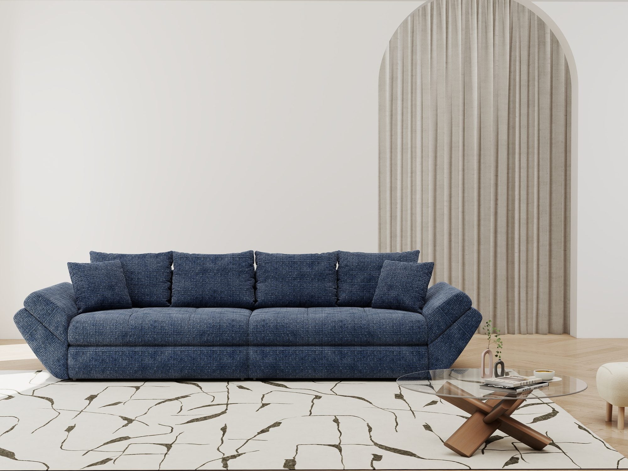 Canapea extensibilă dumonde cu ladă de depozitare si sezut confortabil din spuma high-density, Loana Cremona Albastru 300x100 cm
