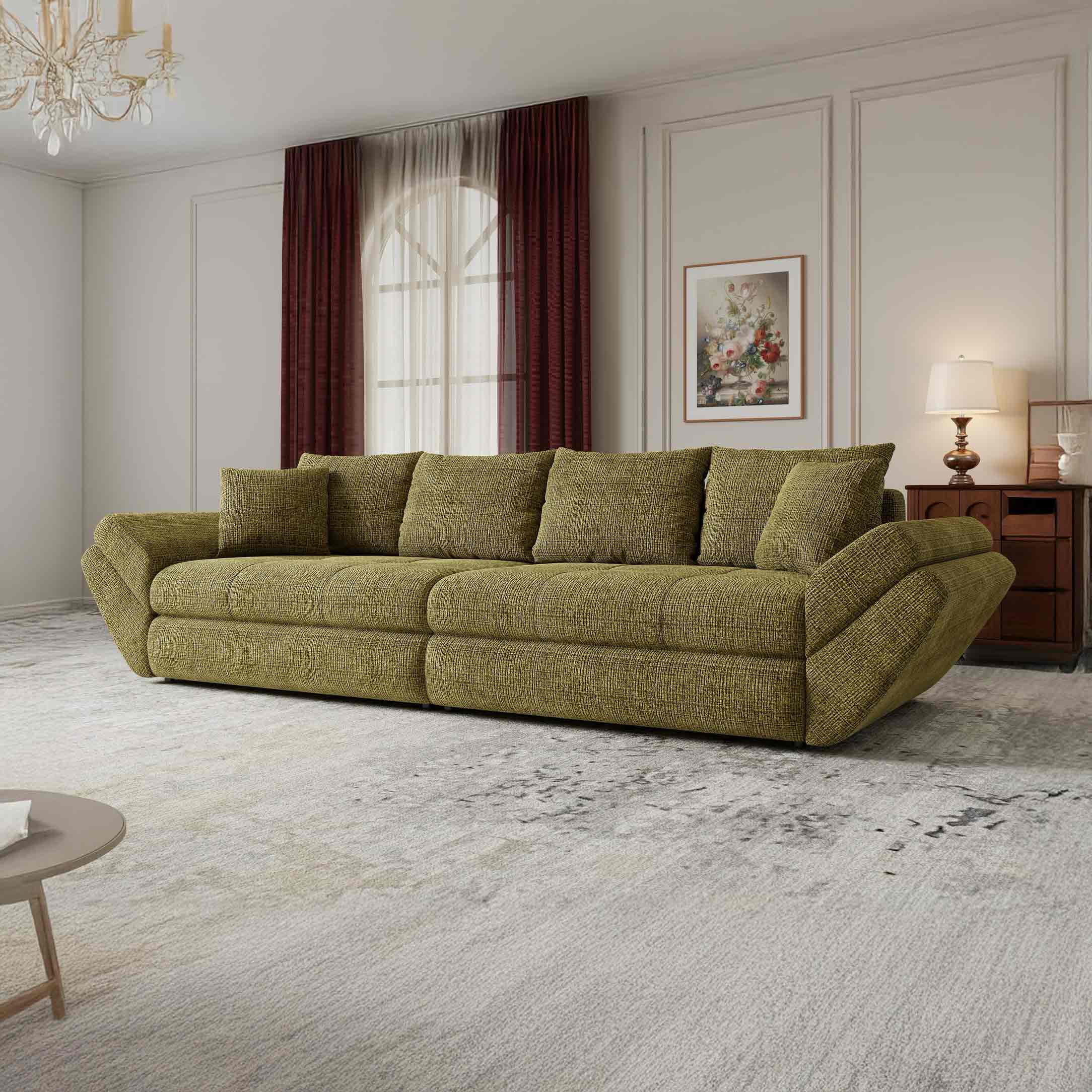 Canapea extensibilă dumonde cu ladă de depozitare si sezut confortabil din spuma high-density, Loana Cremona Olive 300x100 cm