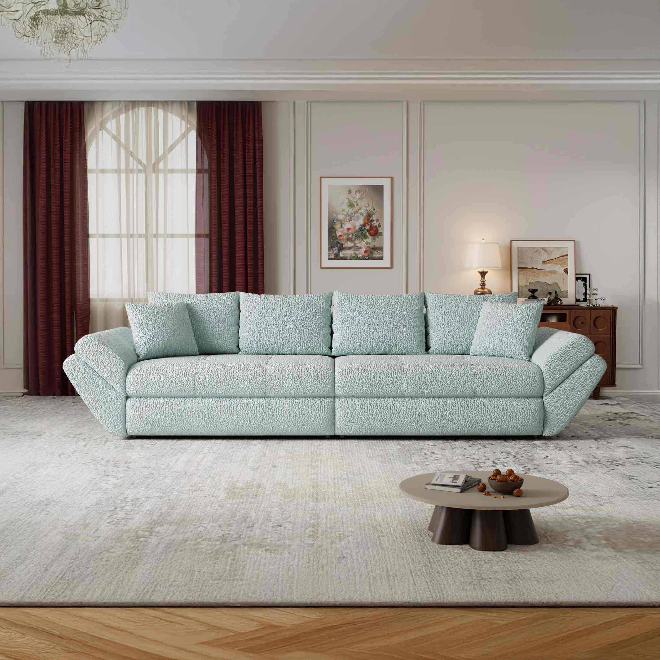 Canapea extensibilă dumonde cu ladă de depozitare si sezut confortabil din spuma high-density, Loana Jaguar Verde mint 300x100 cm