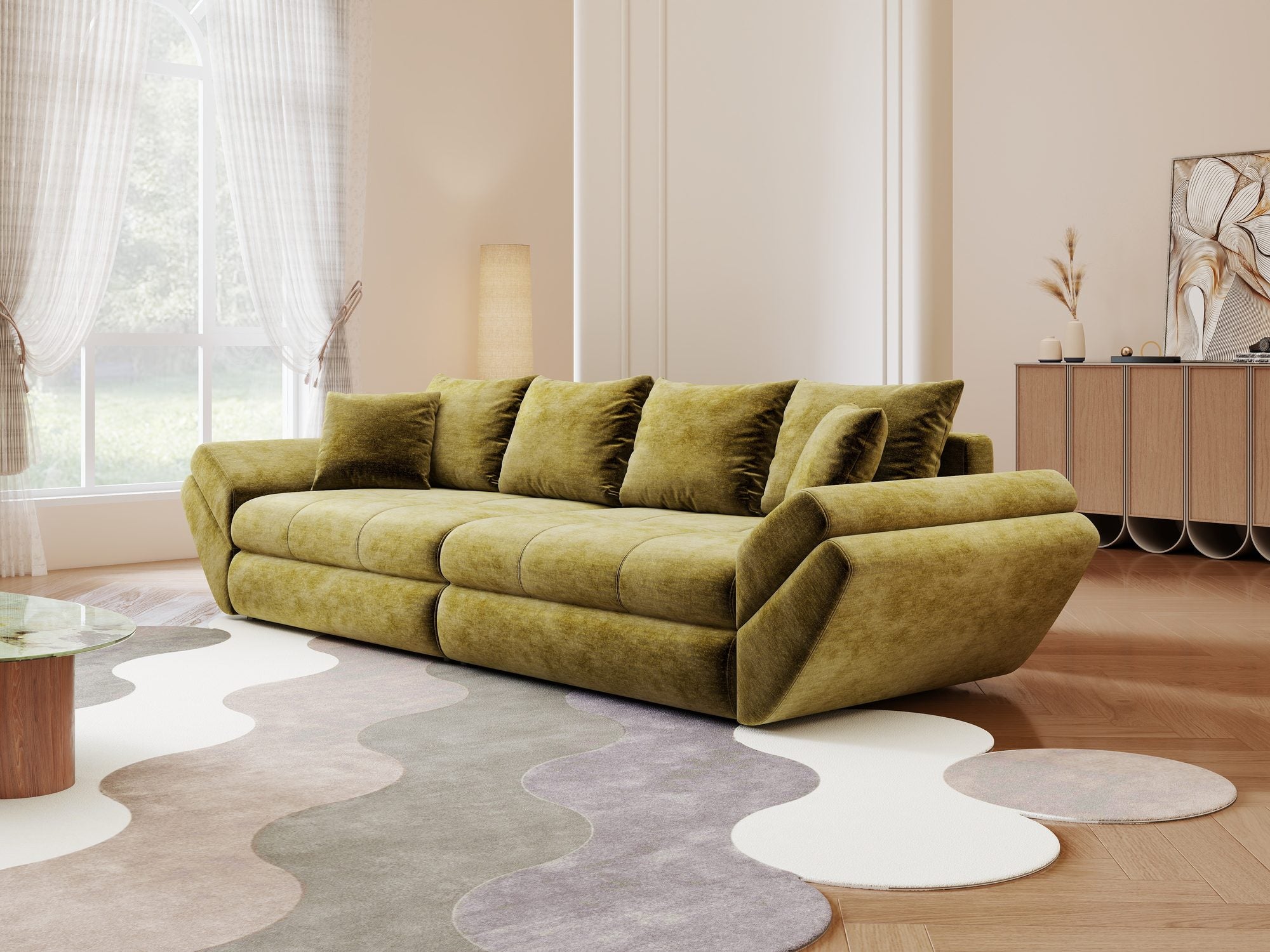 Canapea extensibilă dumonde cu ladă de depozitare Loana Monolith Verde olive 300x100 cm