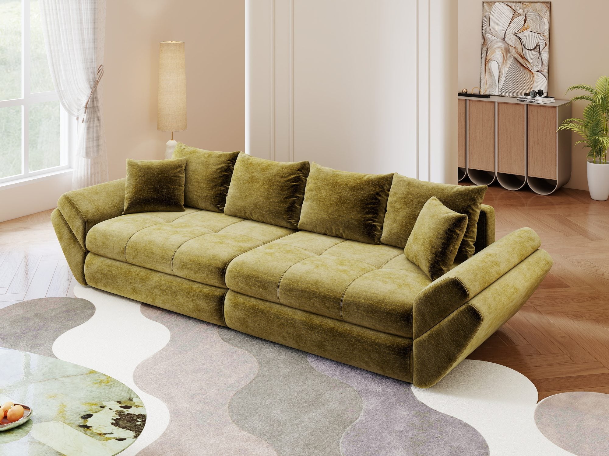 Canapea extensibilă dumonde cu ladă de depozitare Loana Monolith Verde olive 300x100 cm