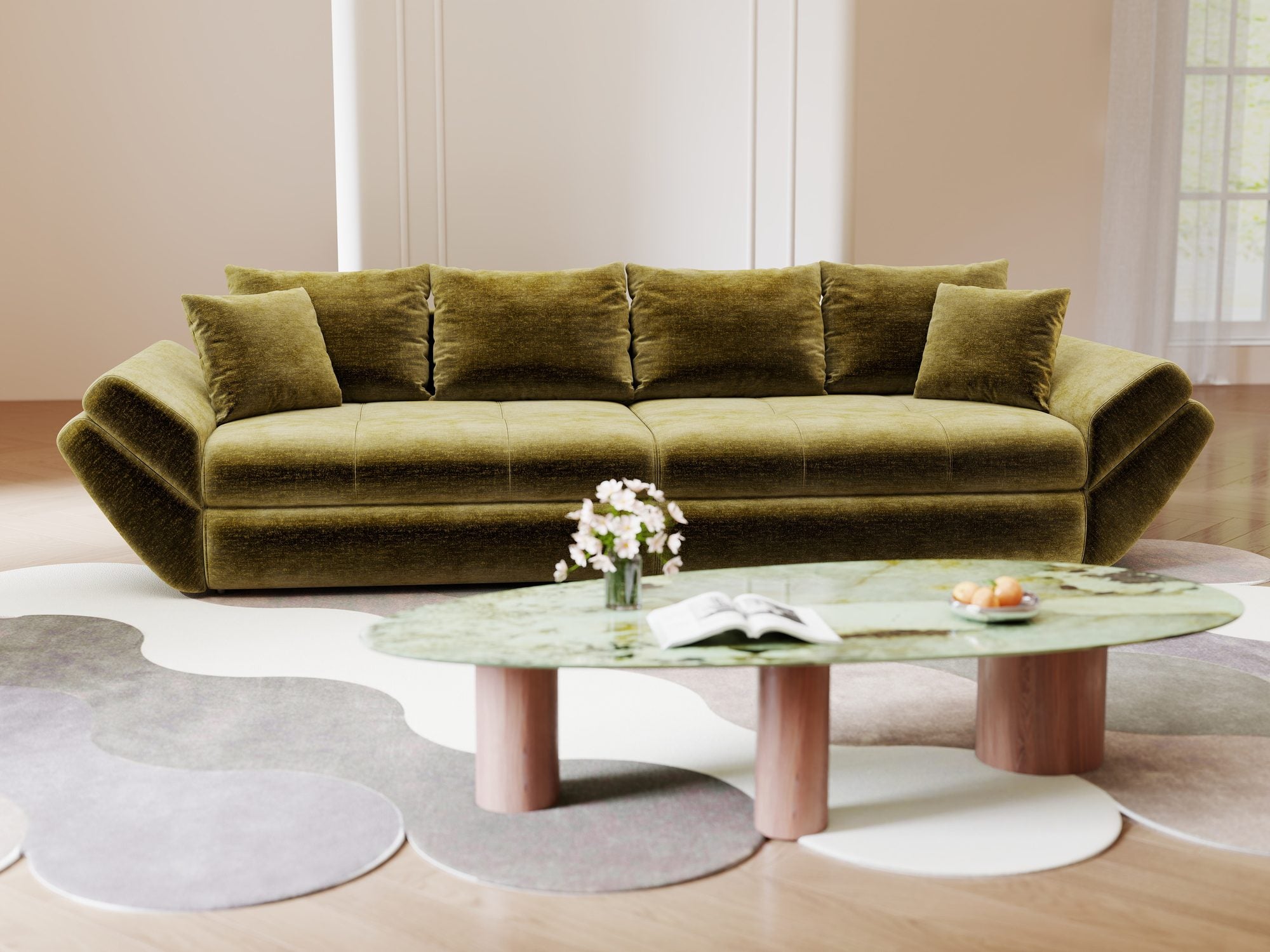 Canapea extensibilă dumonde cu ladă de depozitare Loana Monolith Verde olive 300x100 cm