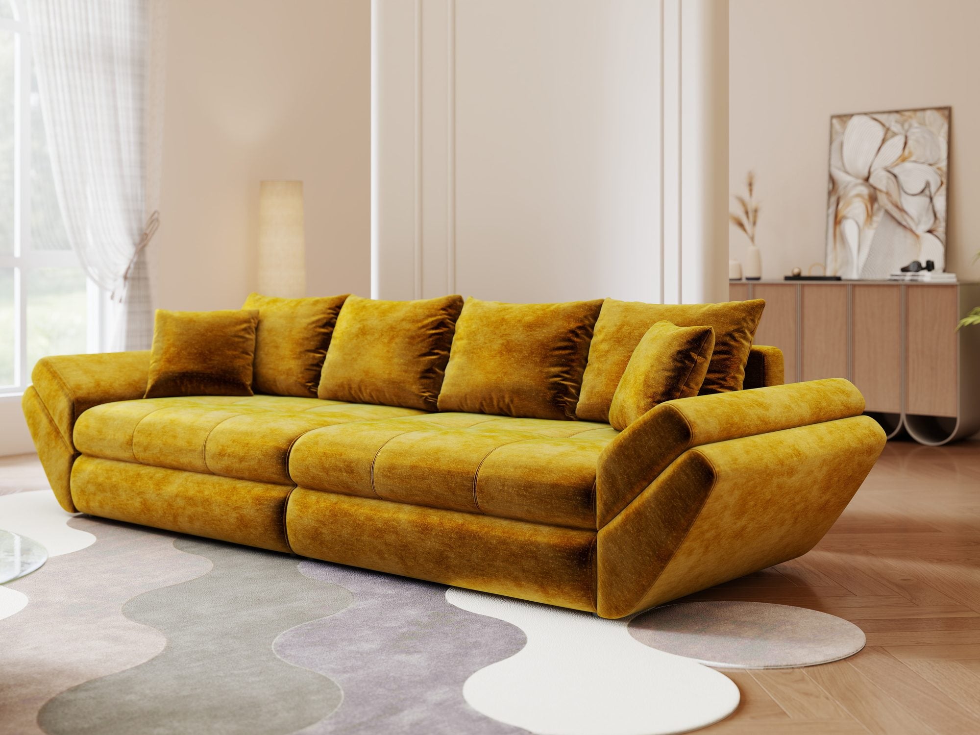 Canapea extensibilă dumonde cu ladă de depozitare Loana Monolith Mustar 300x100 cm