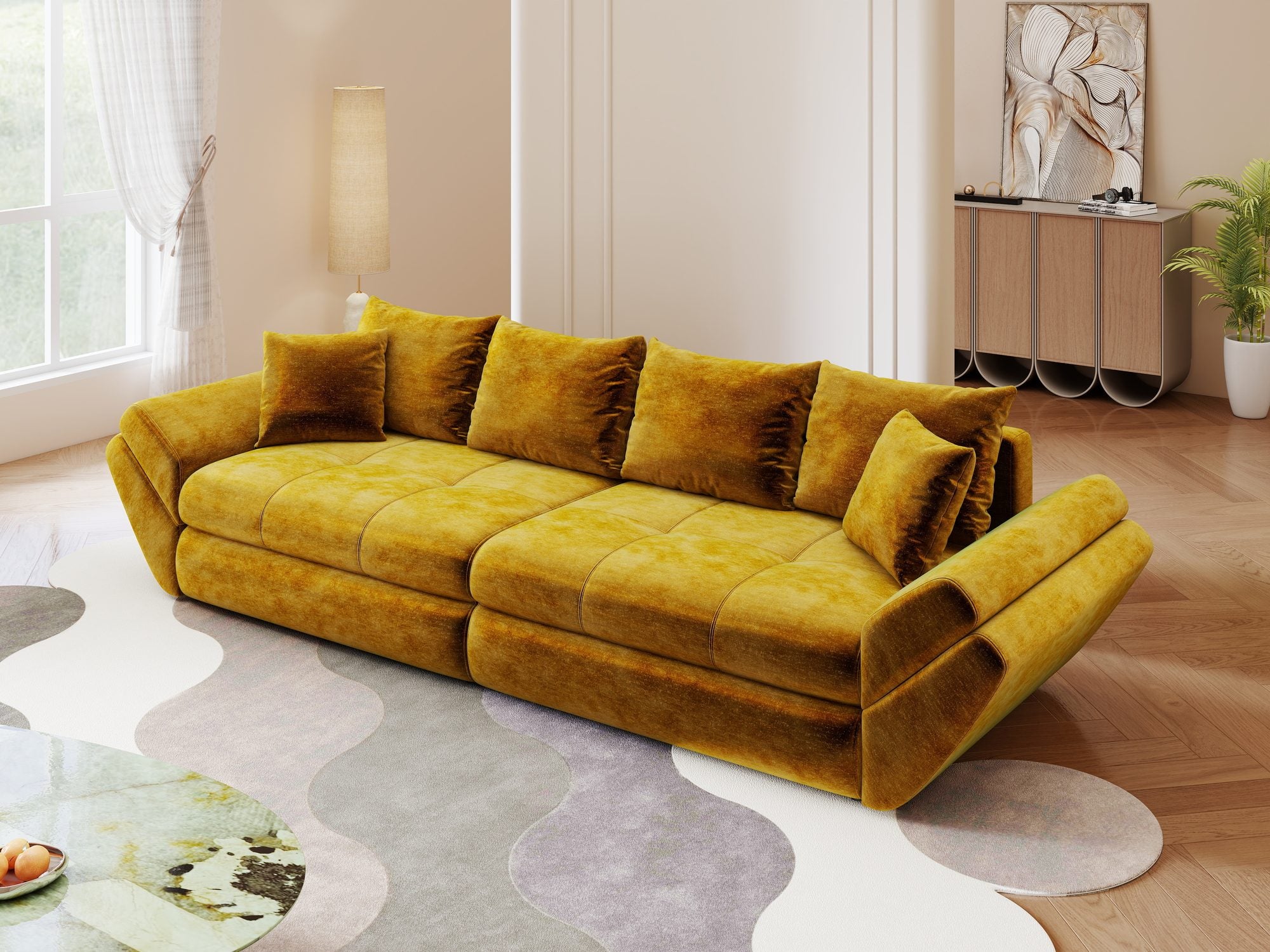 Canapea extensibilă dumonde cu ladă de depozitare Loana Monolith Mustar 300x100 cm