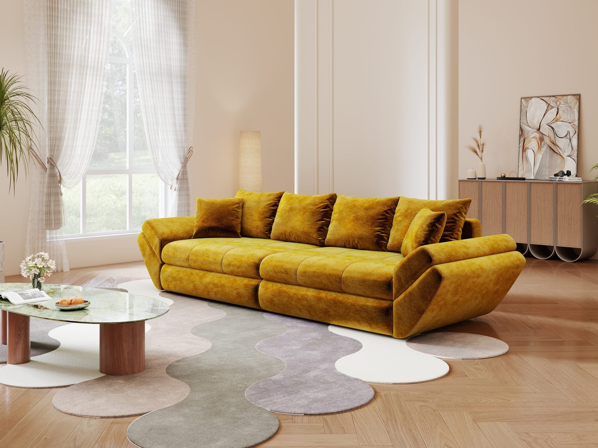Canapea extensibilă dumonde cu ladă de depozitare Loana Monolith Mustar 300x100 cm