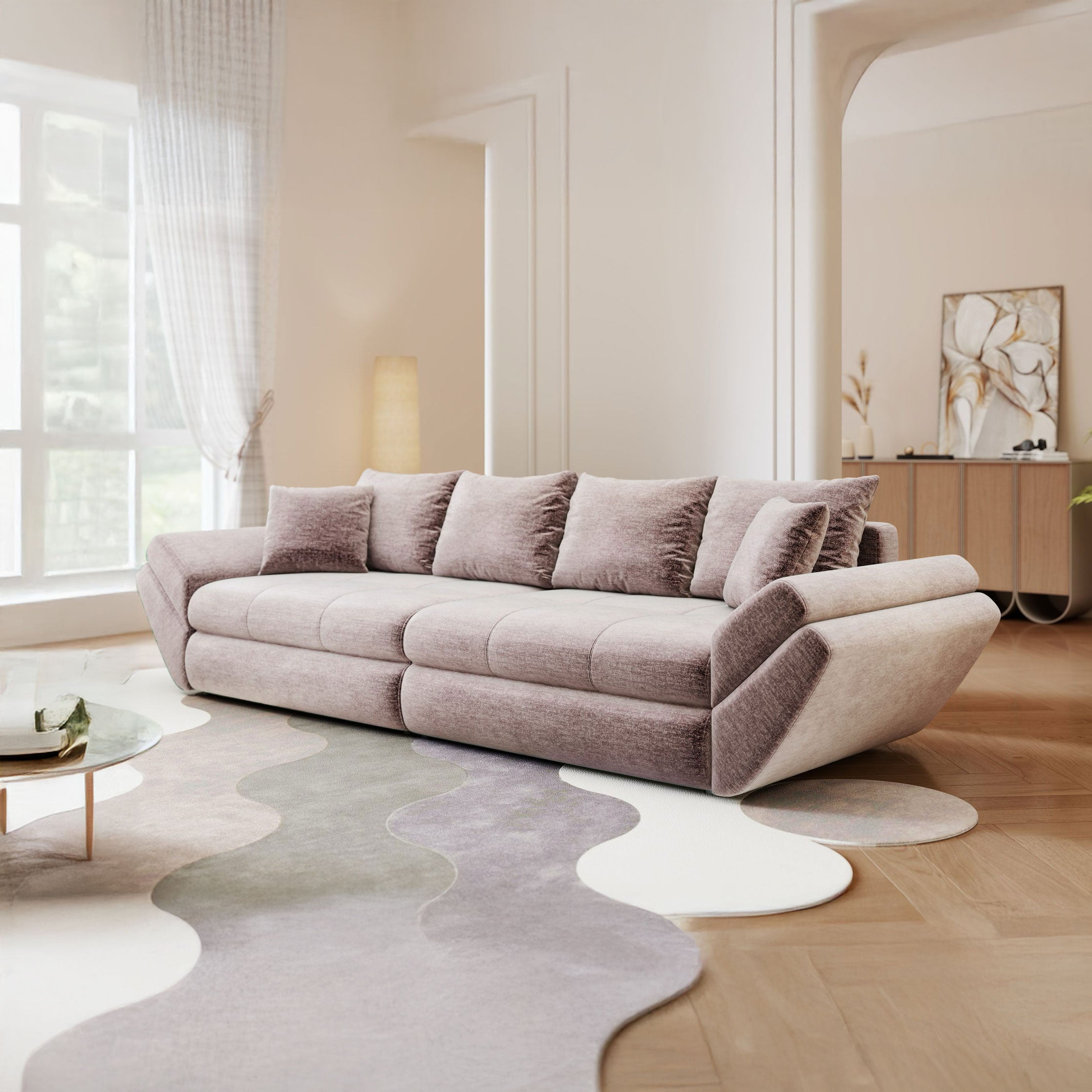 Canapea extensibilă dumonde cu ladă de depozitare si sezut confortabil din spuma high-density, Loana Monolith Roz pudrat 300x100 cm