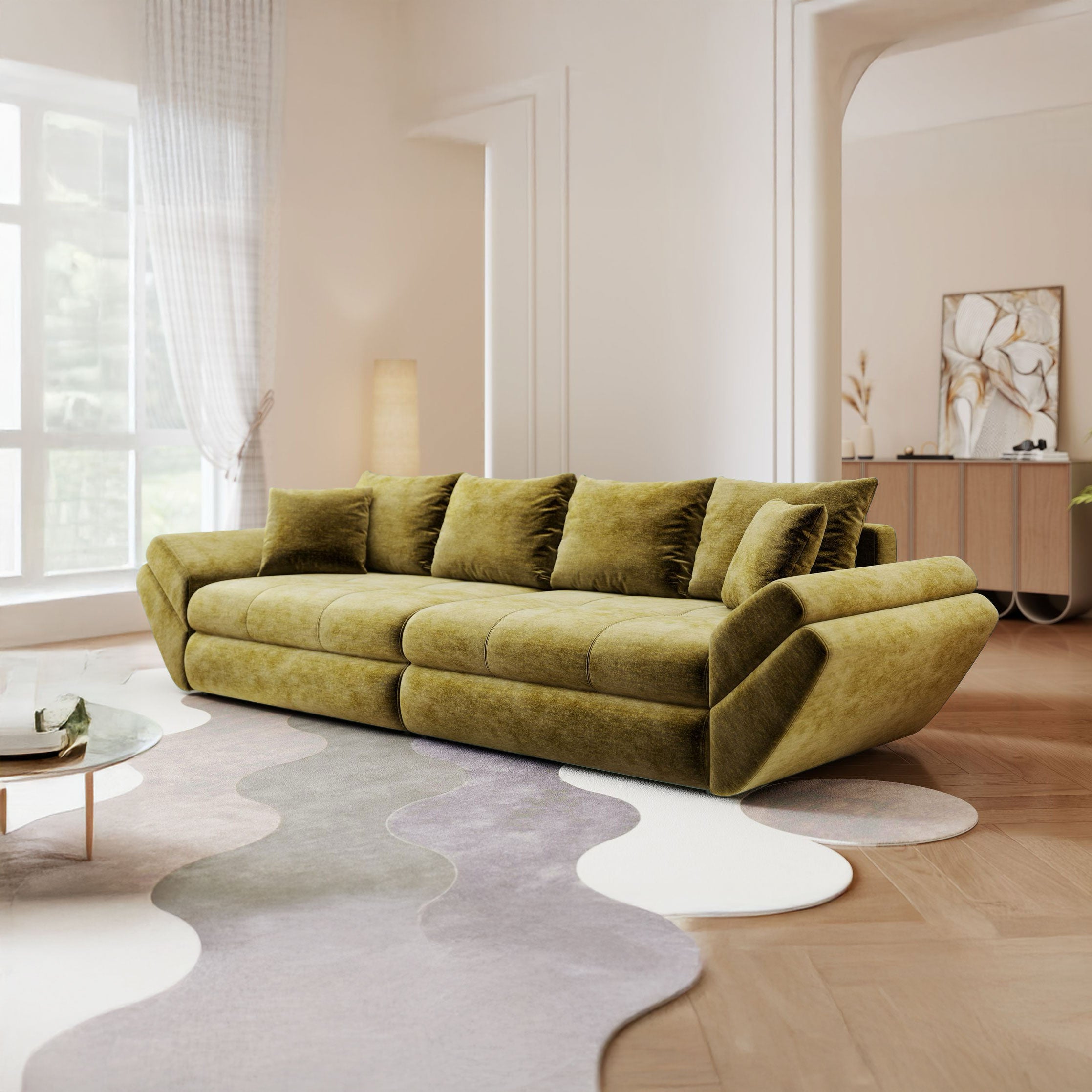 Canapea extensibilă dumonde cu ladă de depozitare si sezut confortabil din spuma high-density, Loana Monolith Verde olive 300x100 cm