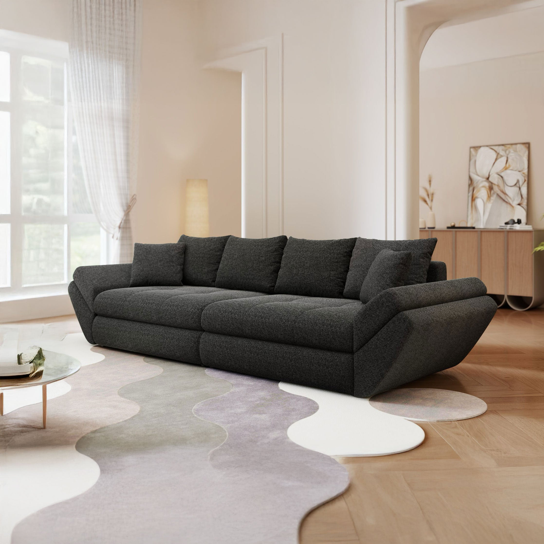 Canapea extensibilă dumonde cu ladă de depozitare si sezut confortabil din spuma high-density, Loana Monte Negru 300x100 cm