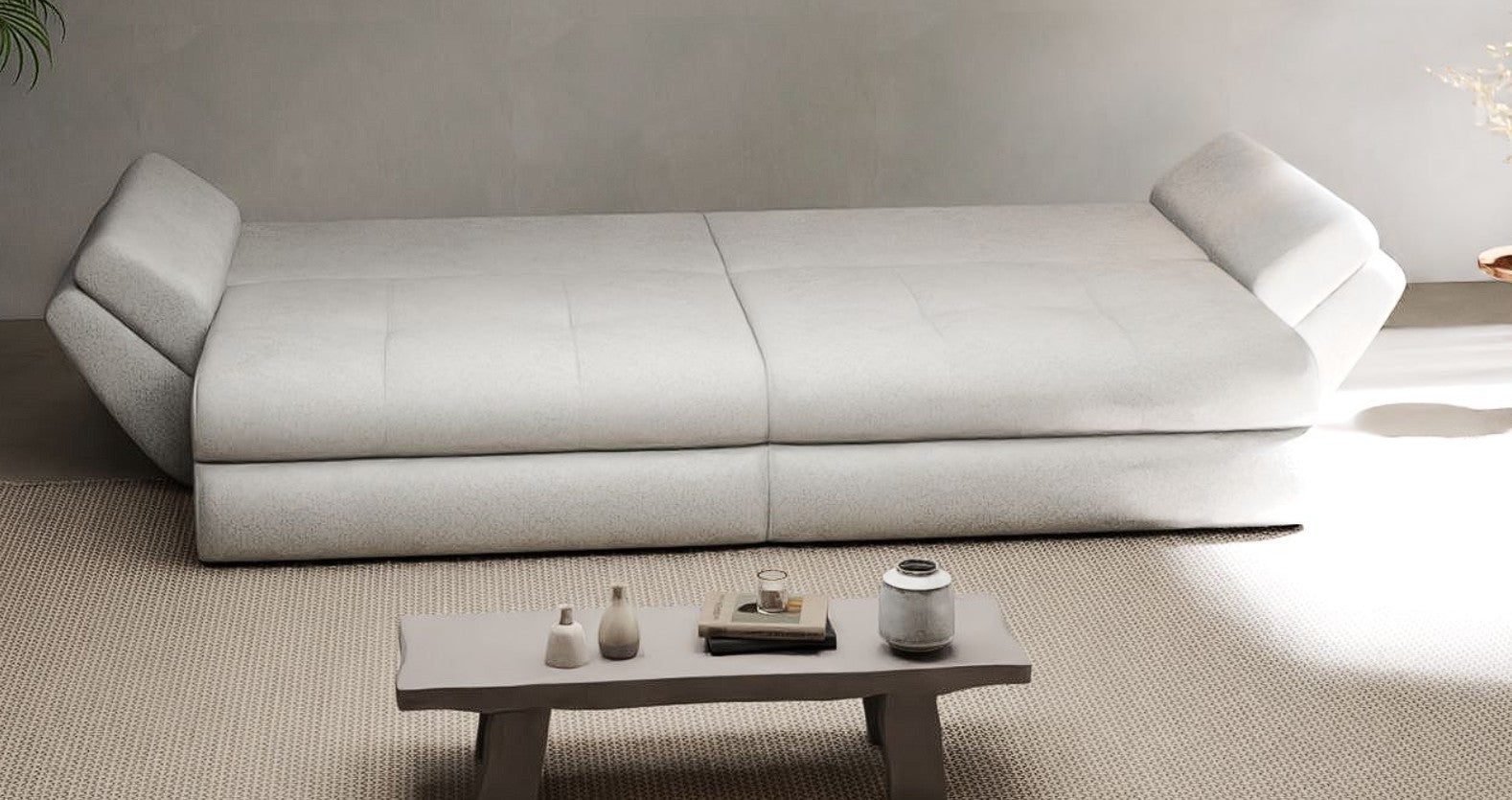 Canapea extensibilă dumonde cu ladă de depozitare si sezut confortabil din spuma high-density, Loana Tilia Gri- bej 300x100 cm