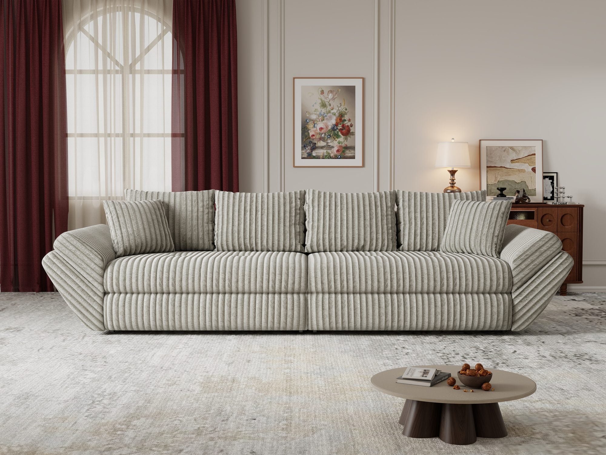 Canapea extensibilă dumonde cu ladă de depozitare si sezut confortabil din spuma high-density, Loana Tilia Gri- bej 300x100 cm