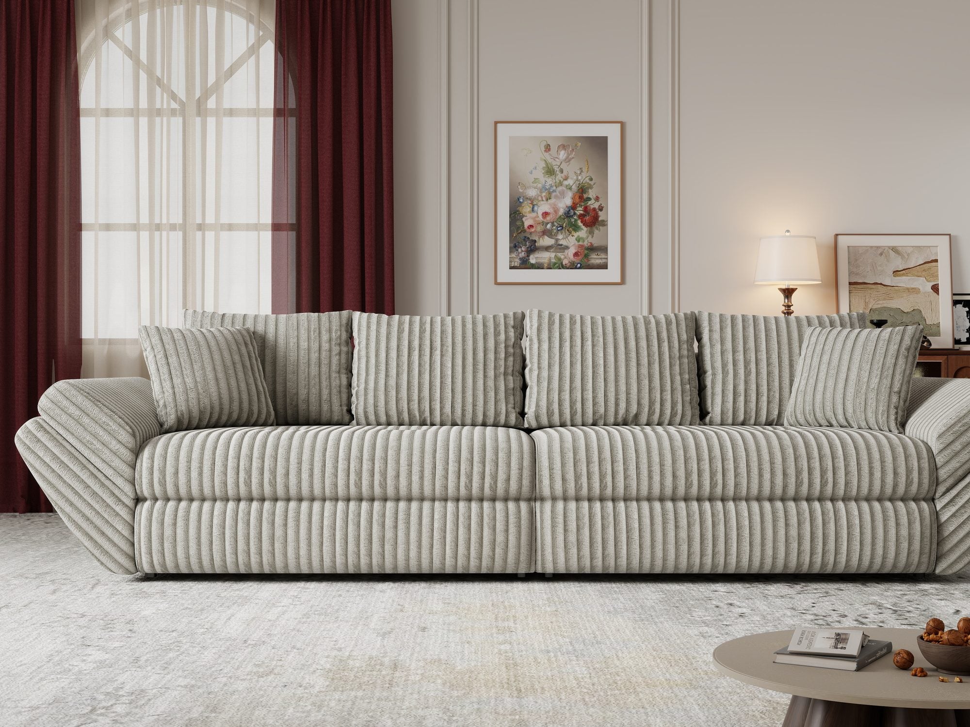 Canapea extensibilă dumonde cu ladă de depozitare si sezut confortabil din spuma high-density, Loana Tilia Gri- bej 300x100 cm