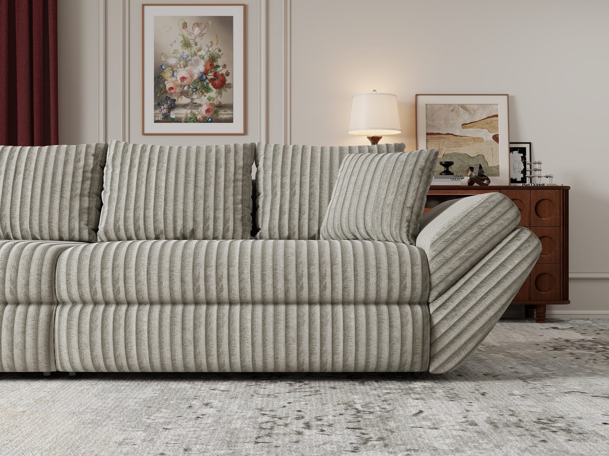 Canapea extensibilă dumonde cu ladă de depozitare si sezut confortabil din spuma high-density, Loana Tilia Gri- bej 300x100 cm