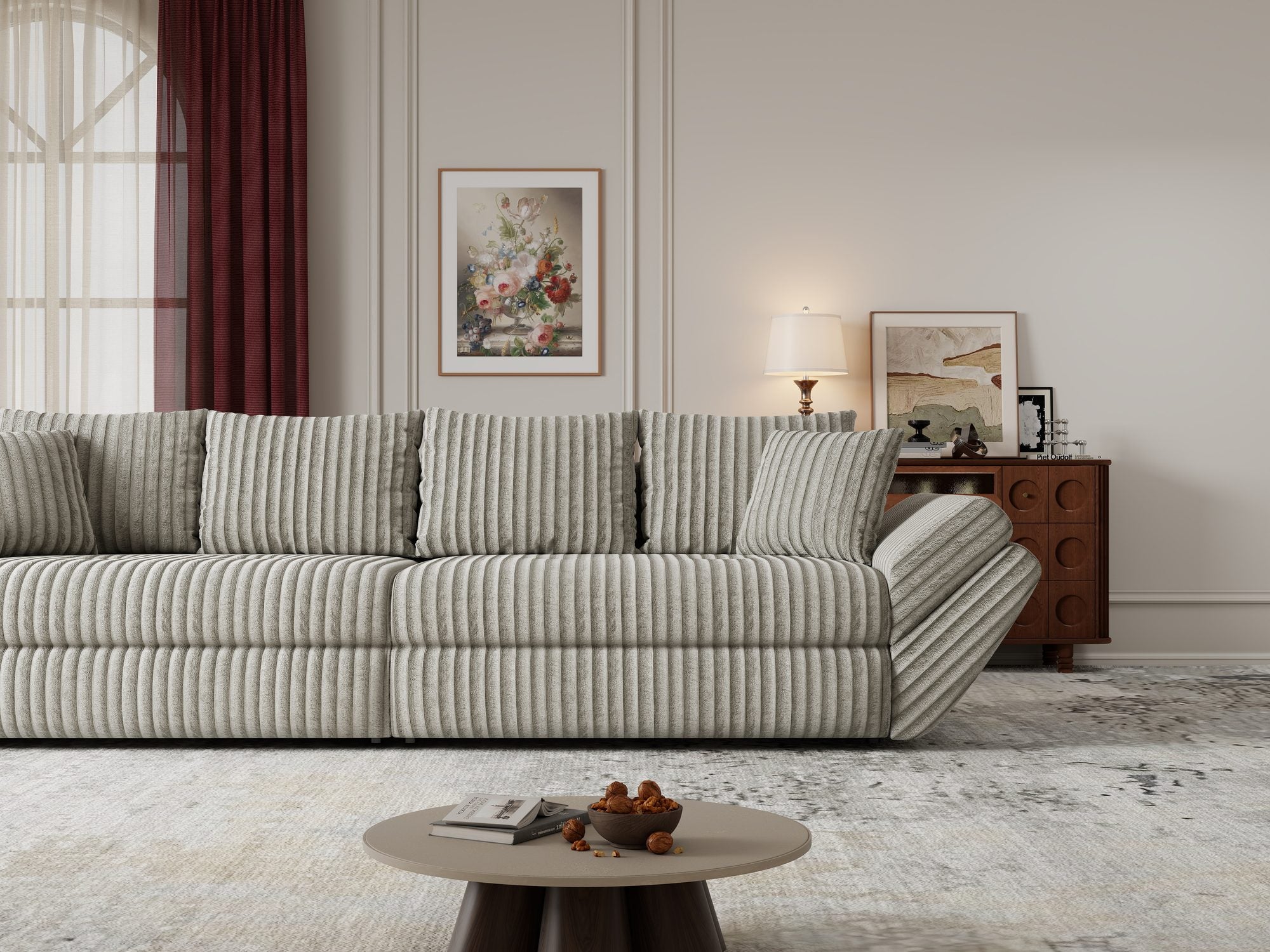 Canapea extensibilă dumonde cu ladă de depozitare si sezut confortabil din spuma high-density, Loana Tilia Gri- bej 300x100 cm