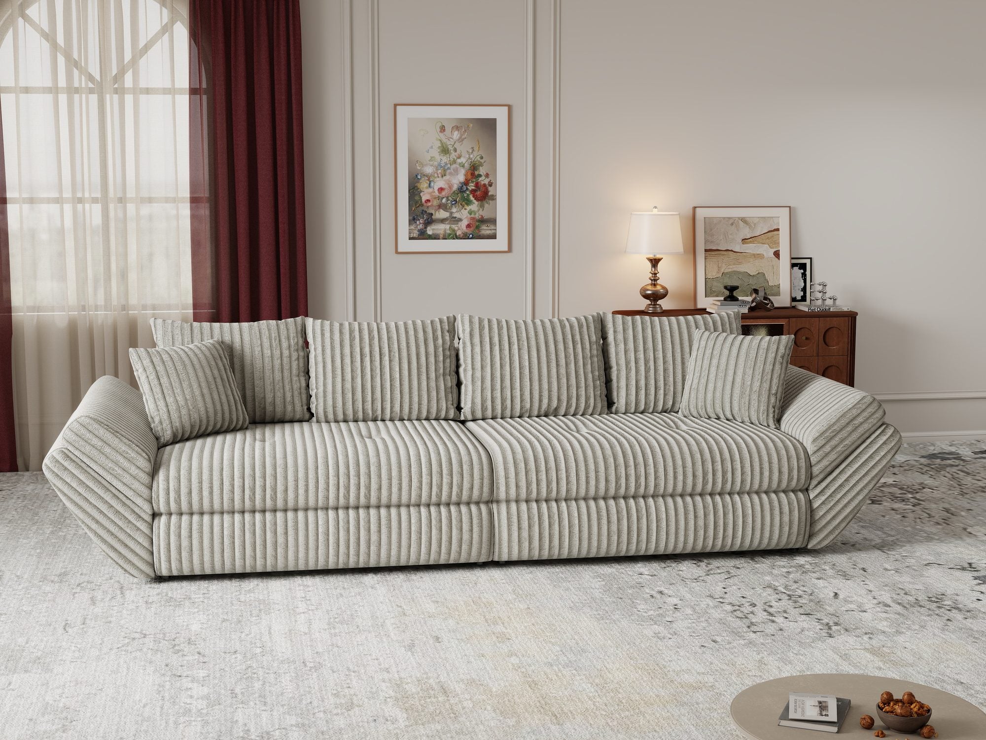 Canapea extensibilă dumonde cu ladă de depozitare si sezut confortabil din spuma high-density, Loana Tilia Gri- bej 300x100 cm