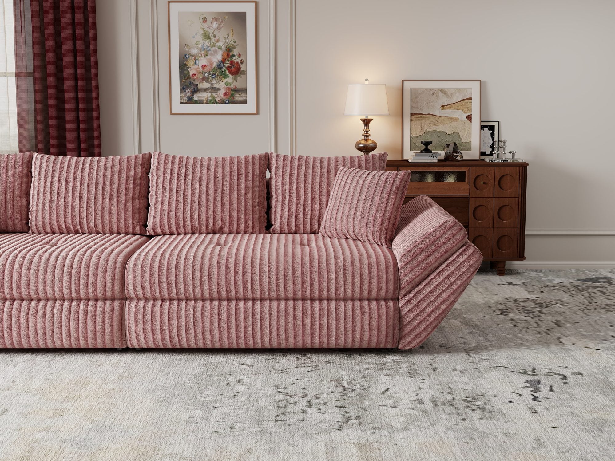 Canapea extensibilă dumonde cu ladă de depozitare Loana Tilia Roz pudrat 300x100 cm