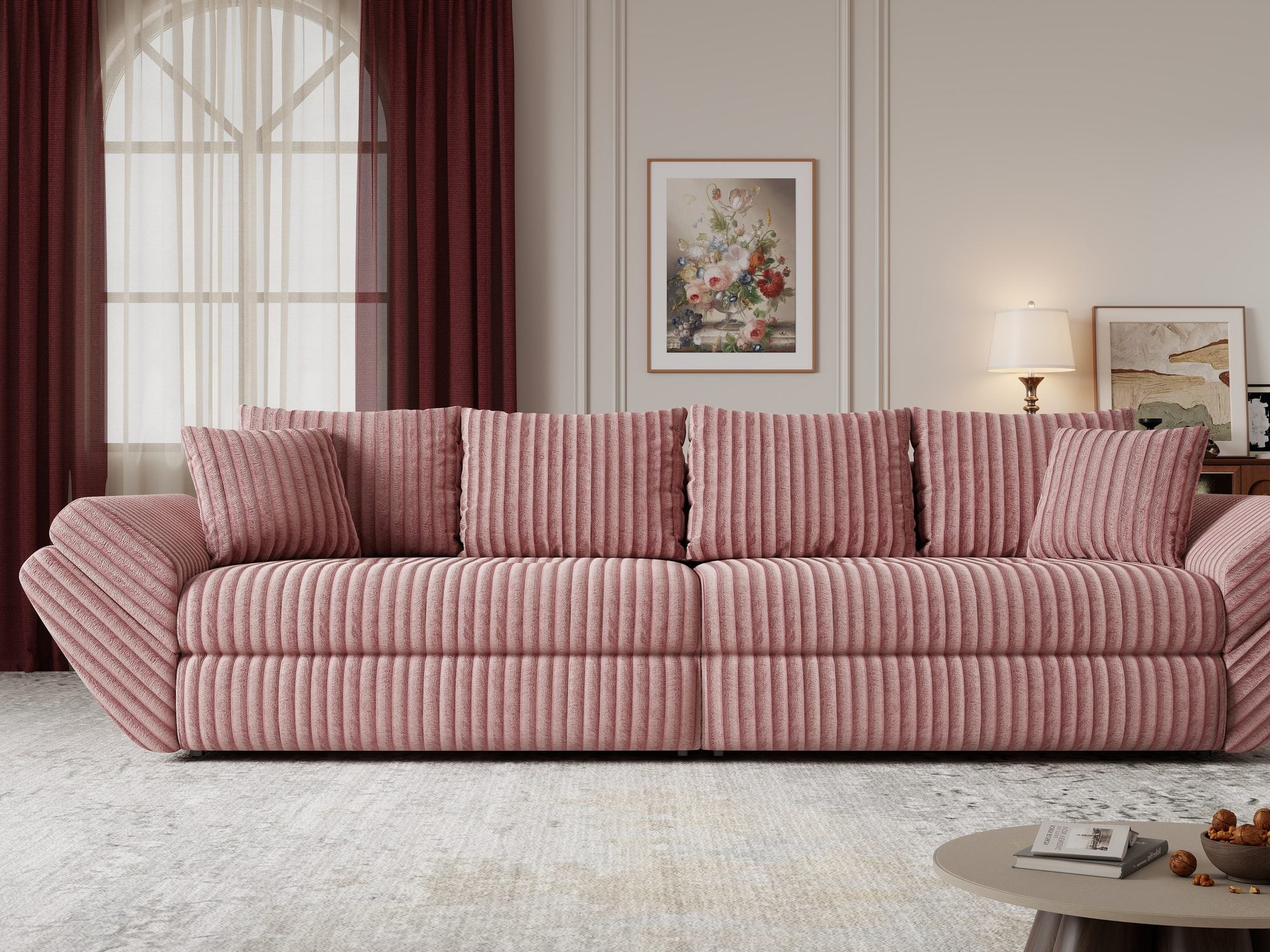 Canapea extensibilă dumonde cu ladă de depozitare Loana Tilia Roz pudrat 300x100 cm