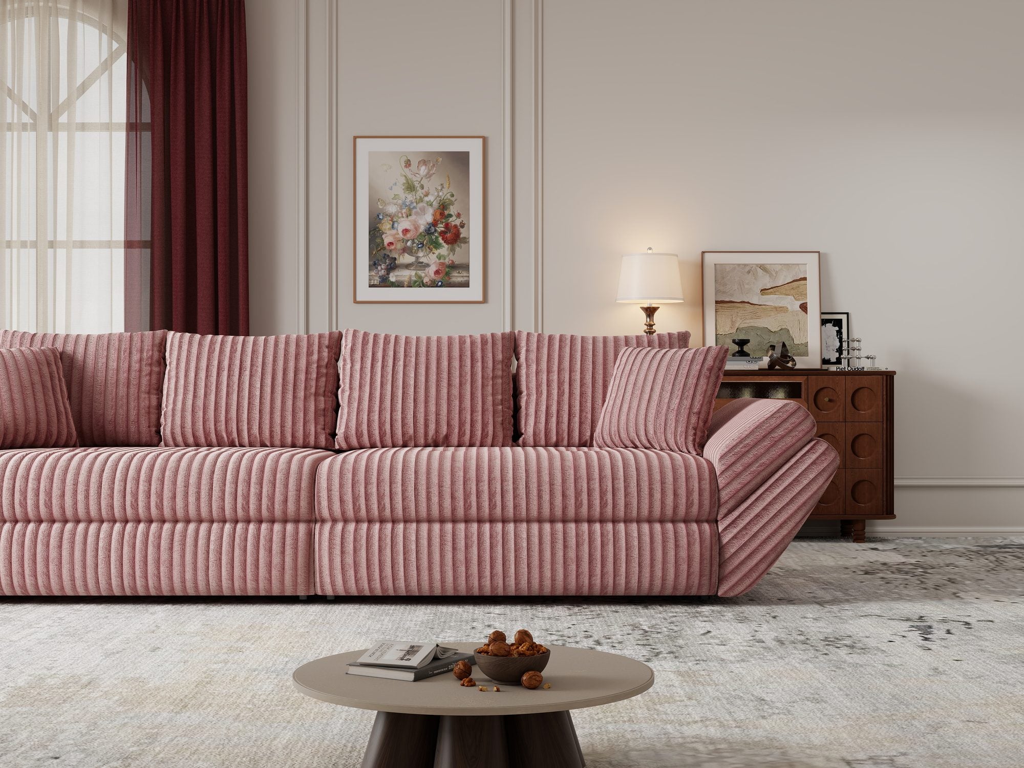 Canapea extensibilă dumonde cu ladă de depozitare Loana Tilia Roz pudrat 300x100 cm