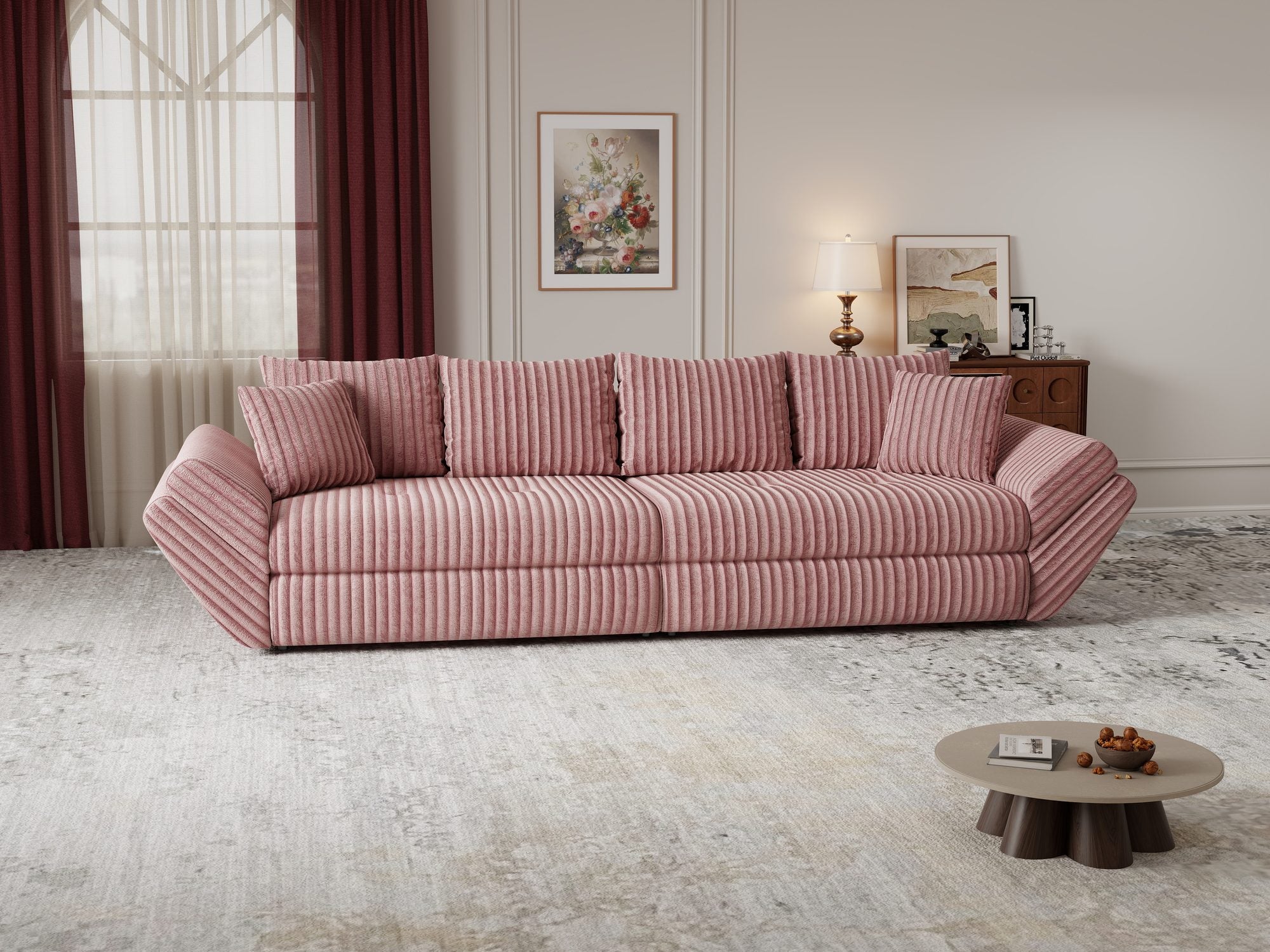 Canapea extensibilă dumonde cu ladă de depozitare Loana Tilia Roz pudrat 300x100 cm
