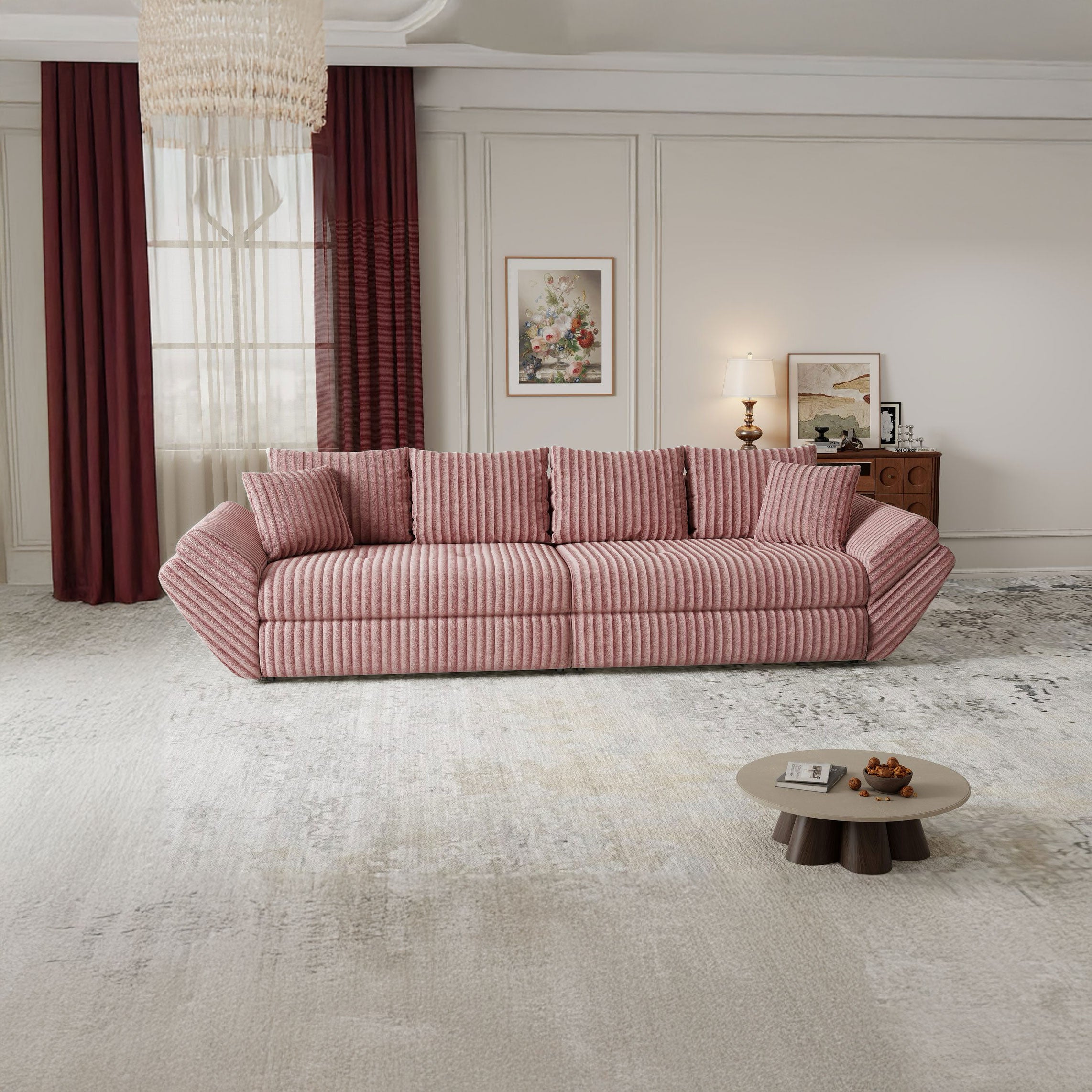 Canapea extensibilă dumonde cu ladă de depozitare si sezut confortabil din spuma high-density, Loana Tilia Roz pudrat 300x100 cm