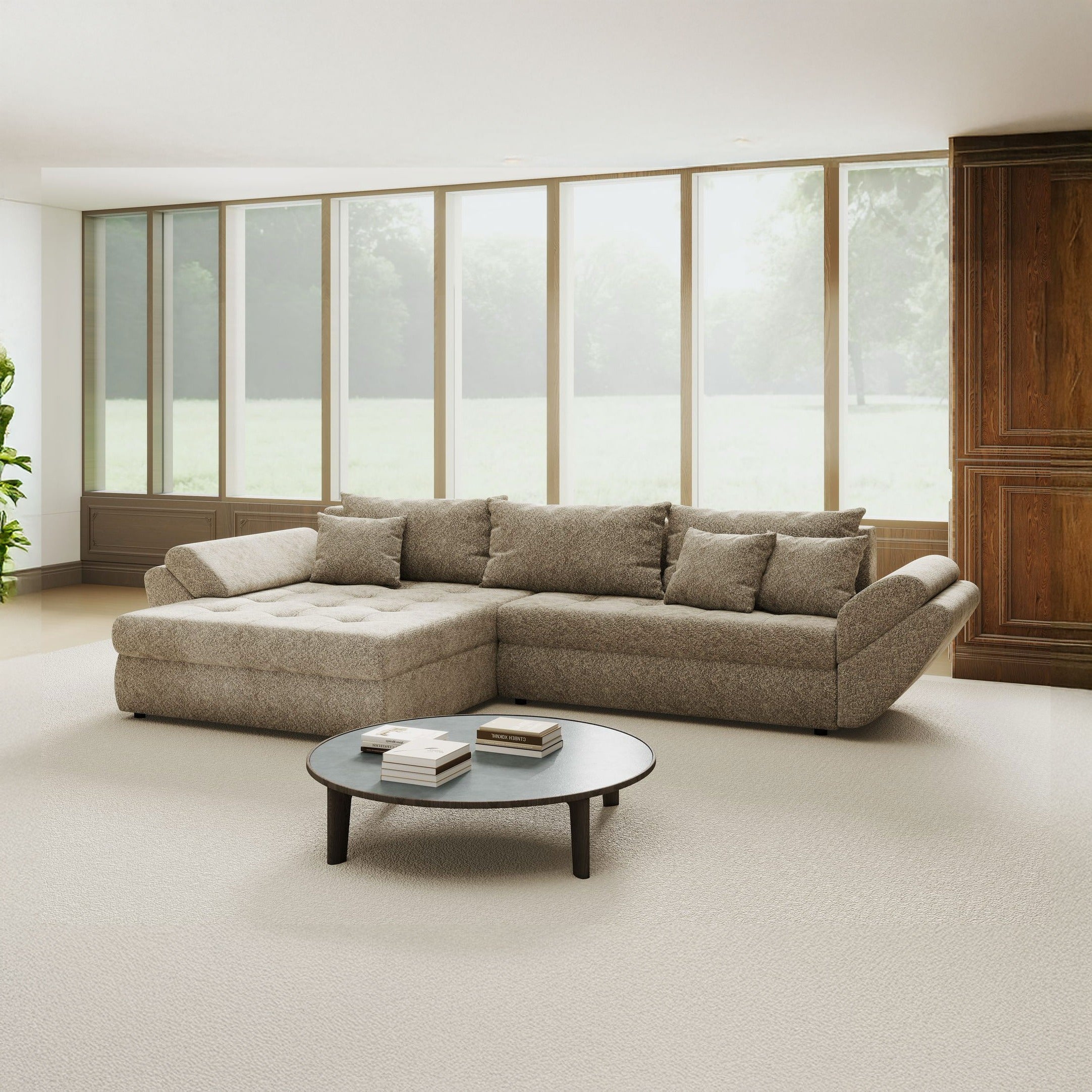 Colțar extensibil dumonde cu ladă de depozitare si sezut confortabil din spuma high-density, Loana Arena Bej 270x185 cm