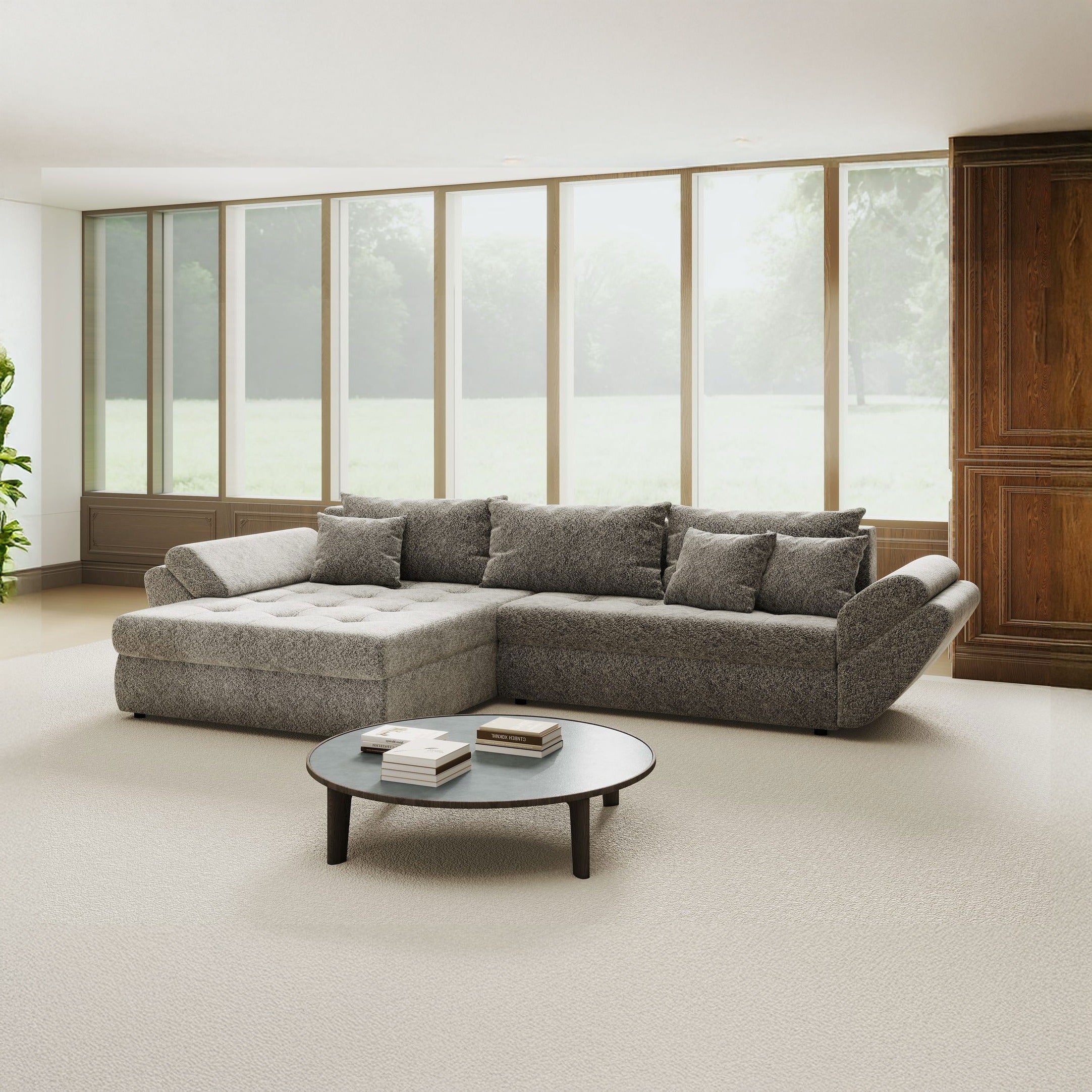 Colțar extensibil dumonde cu ladă de depozitare si sezut confortabil din spuma high-density, Loana Arena Gri grafit 270x185 cm