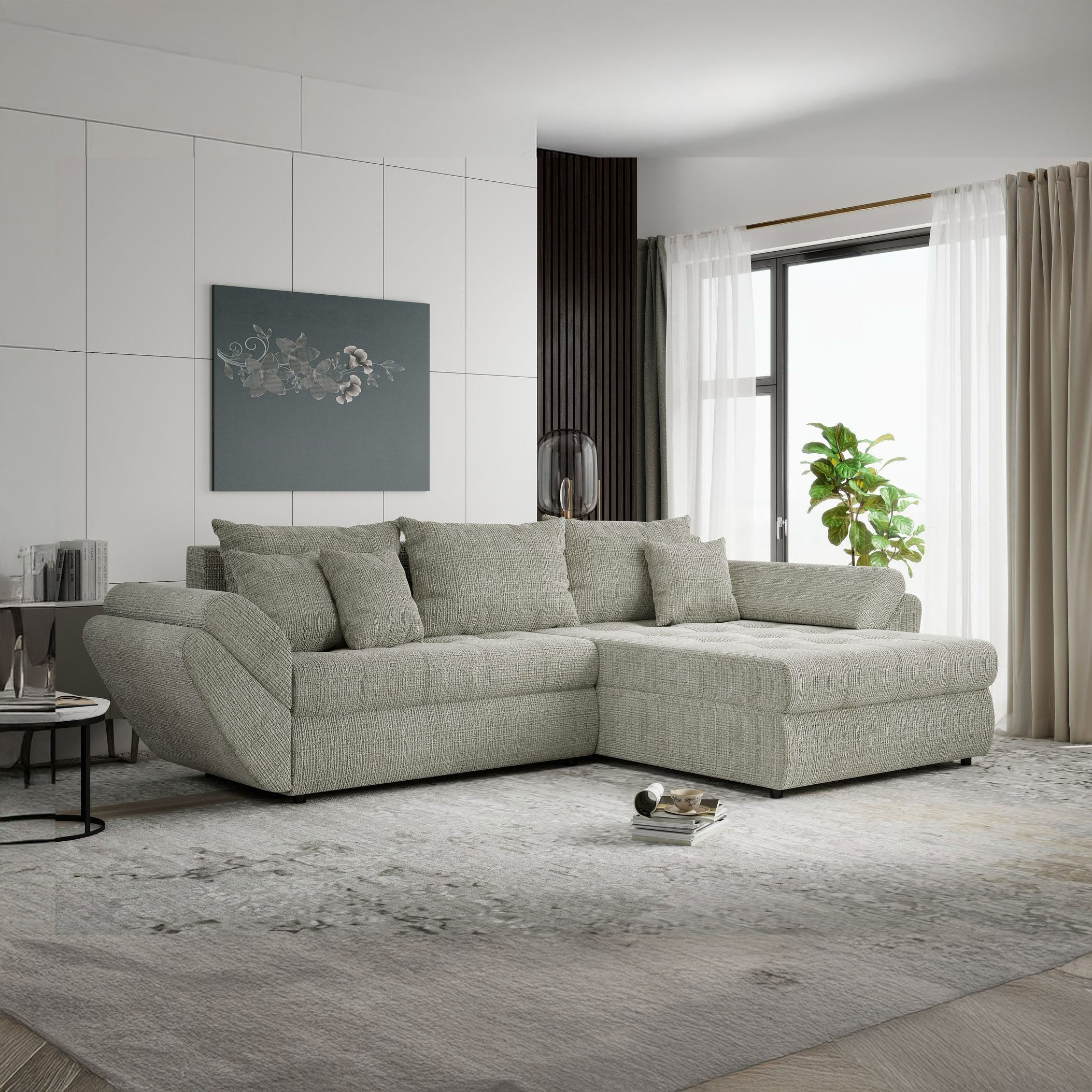 Colțar extensibil dumonde cu ladă de depozitare si sezut confortabil din spuma high-density, Loana Cremona Bej II 270x185 cm