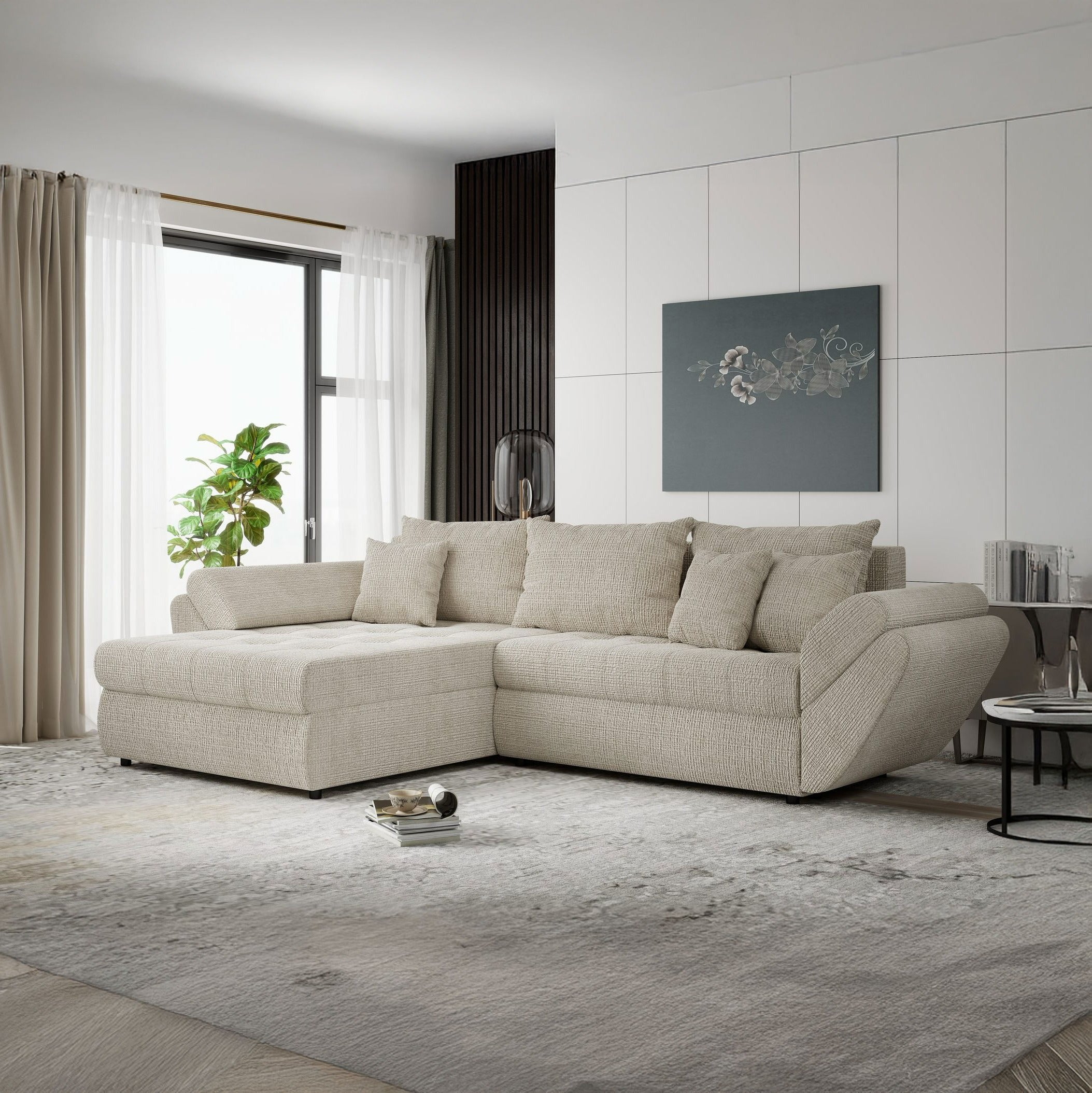 Colțar extensibil dumonde cu ladă de depozitare si sezut confortabil din spuma high-density, Loana Cremona Gri deschis 270x185 cm