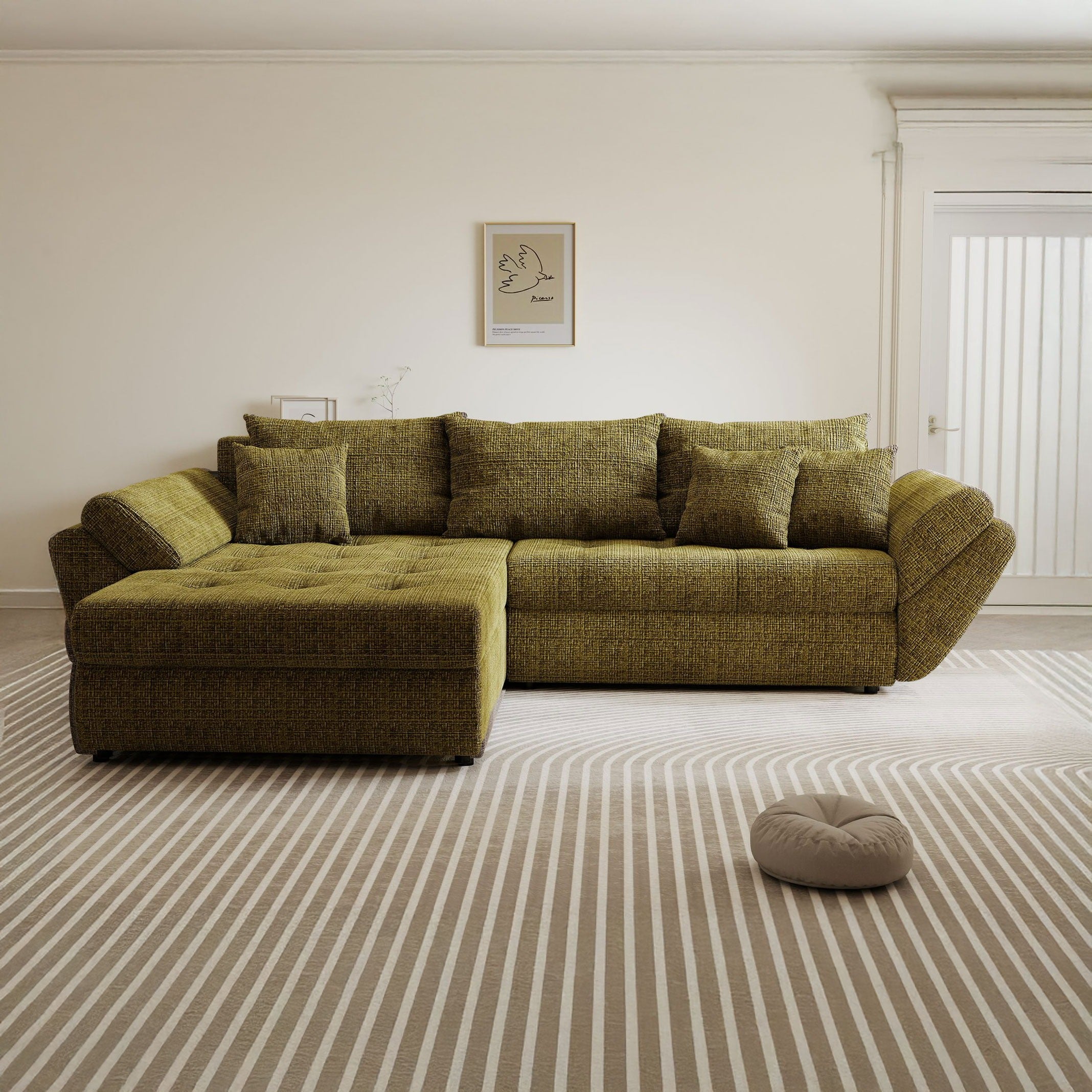 Colțar extensibil dumonde cu ladă de depozitare si sezut confortabil din spuma high-density, Loana Cremona Olive 270x185 cm