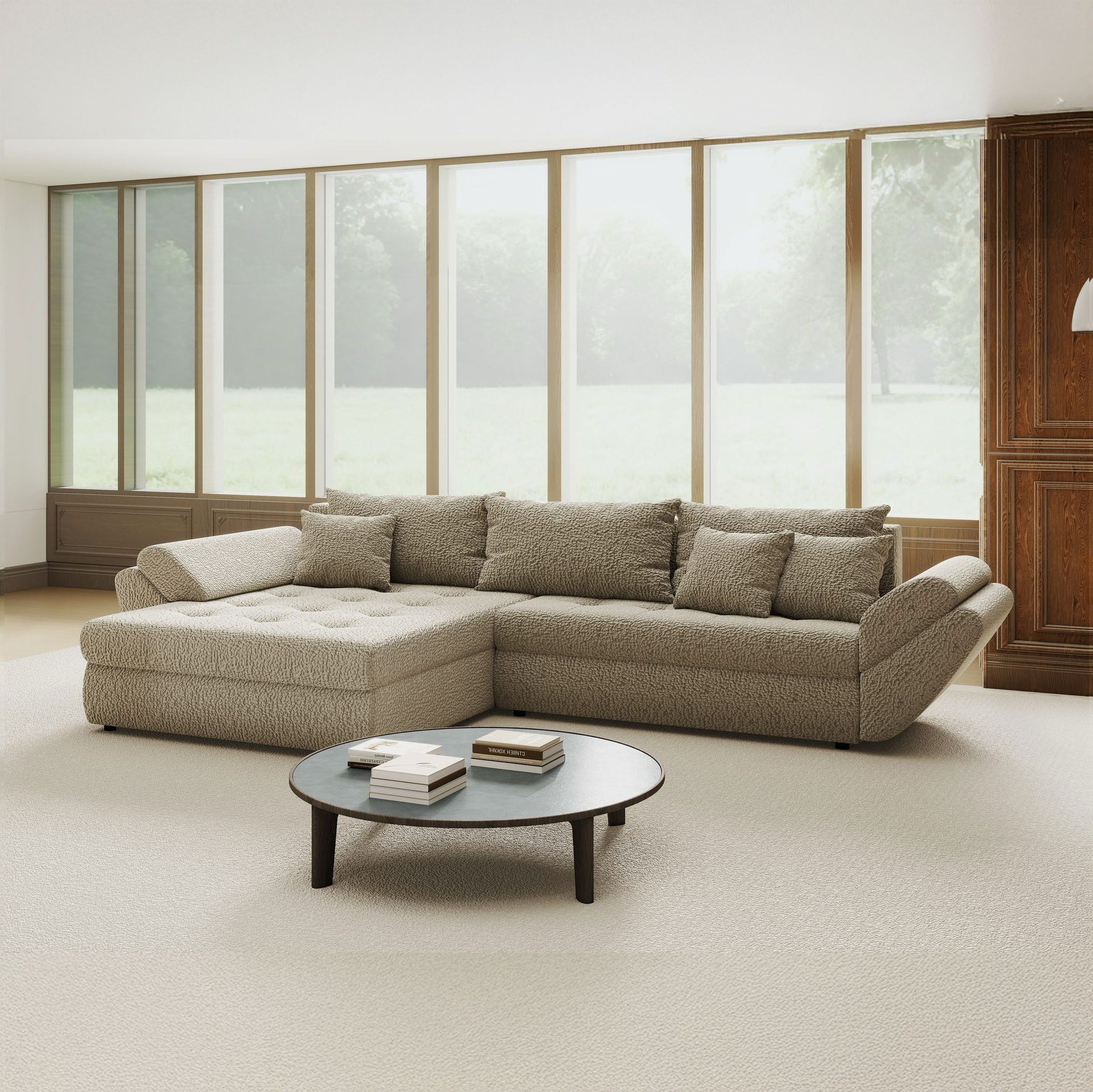 Colțar extensibil dumonde cu ladă de depozitare si sezut confortabil din spuma high-density, Loana Jaguar Bej 270x185 cm